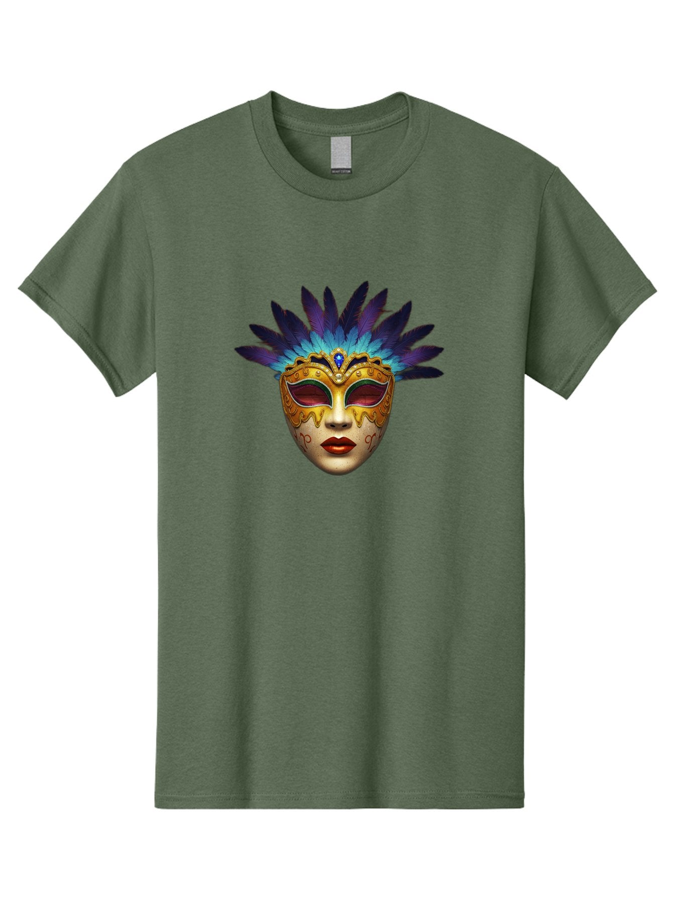 Venetian-Mask-4 Men'S Graphic Tee, 100% Cotton, Comfortable Casual Summer Wear, Machine Washable, Golden Venetian Mask, Mask With Feathers, Purple And Blue Feathers, Golden Decoration, Red Lips, Carnival Mask, Masquerade Ball, Mysterious Mask Bad891