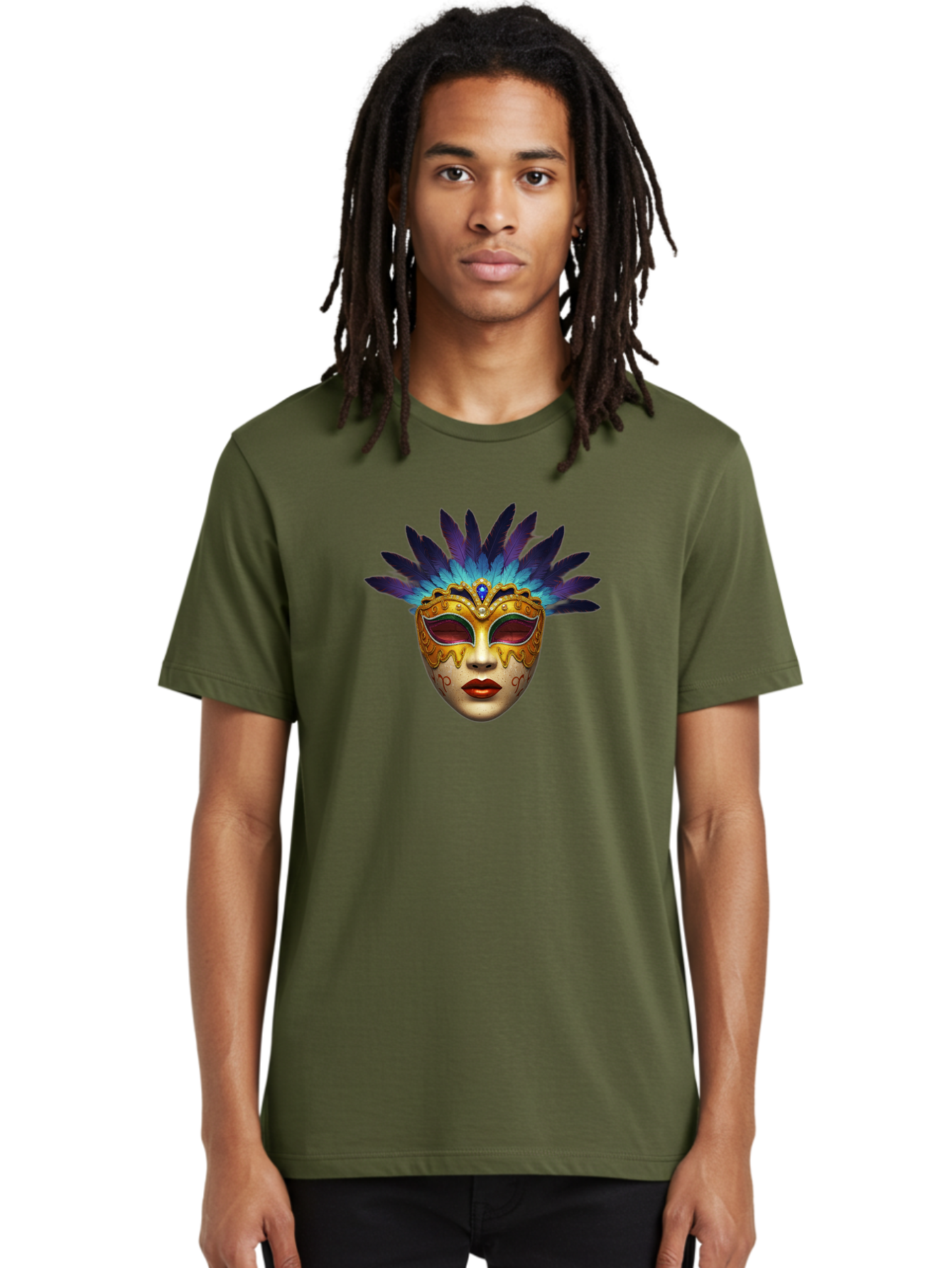 Venetian-Mask-4 Men'S Graphic Tee, 100% Cotton, Comfortable Casual Summer Wear, Machine Washable, Golden Venetian Mask, Mask With Feathers, Purple And Blue Feathers, Golden Decoration, Red Lips, Carnival Mask, Masquerade Ball, Mysterious Mask Bad891 25