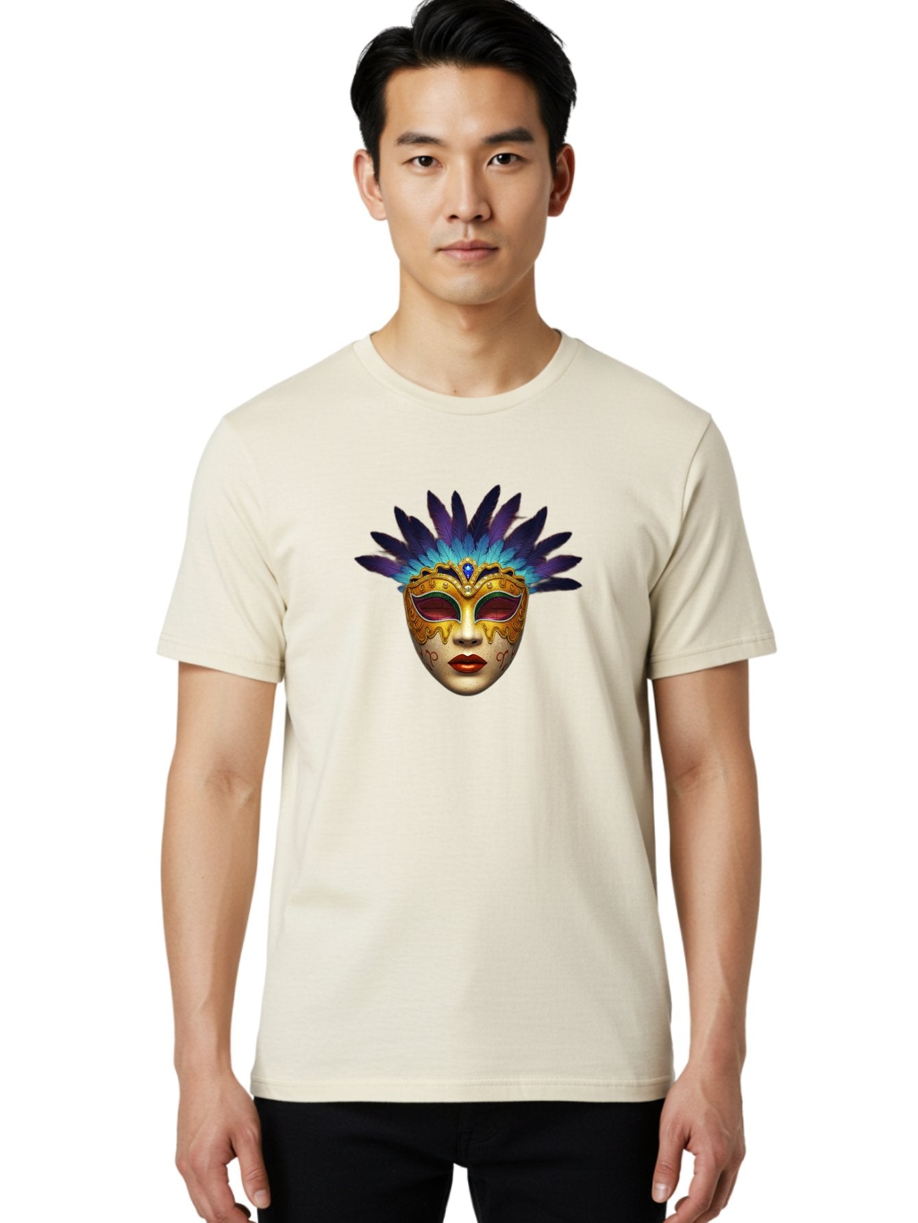 Venetian-Mask-4 Men'S Graphic Tee, 100% Cotton, Comfortable Casual Summer Wear, Machine Washable, Golden Venetian Mask, Mask With Feathers, Purple And Blue Feathers, Golden Decoration, Red Lips, Carnival Mask, Masquerade Ball, Mysterious Mask Bad891 17