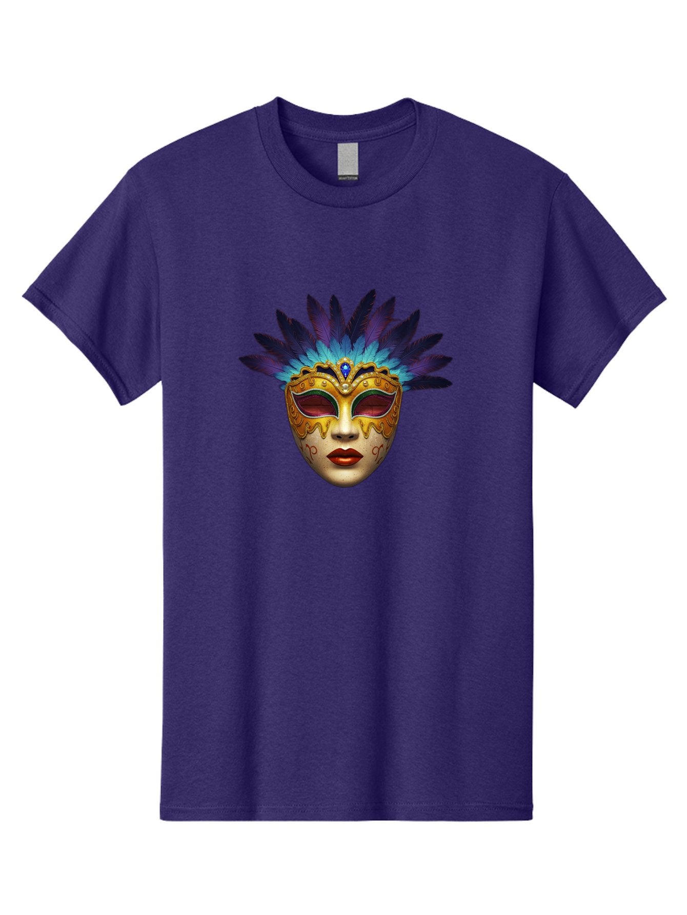 Venetian-Mask-4 Men'S Graphic Tee, 100% Cotton, Comfortable Casual Summer Wear, Machine Washable, Golden Venetian Mask, Mask With Feathers, Purple And Blue Feathers, Golden Decoration, Red Lips, Carnival Mask, Masquerade Ball, Mysterious Mask Bad891 13