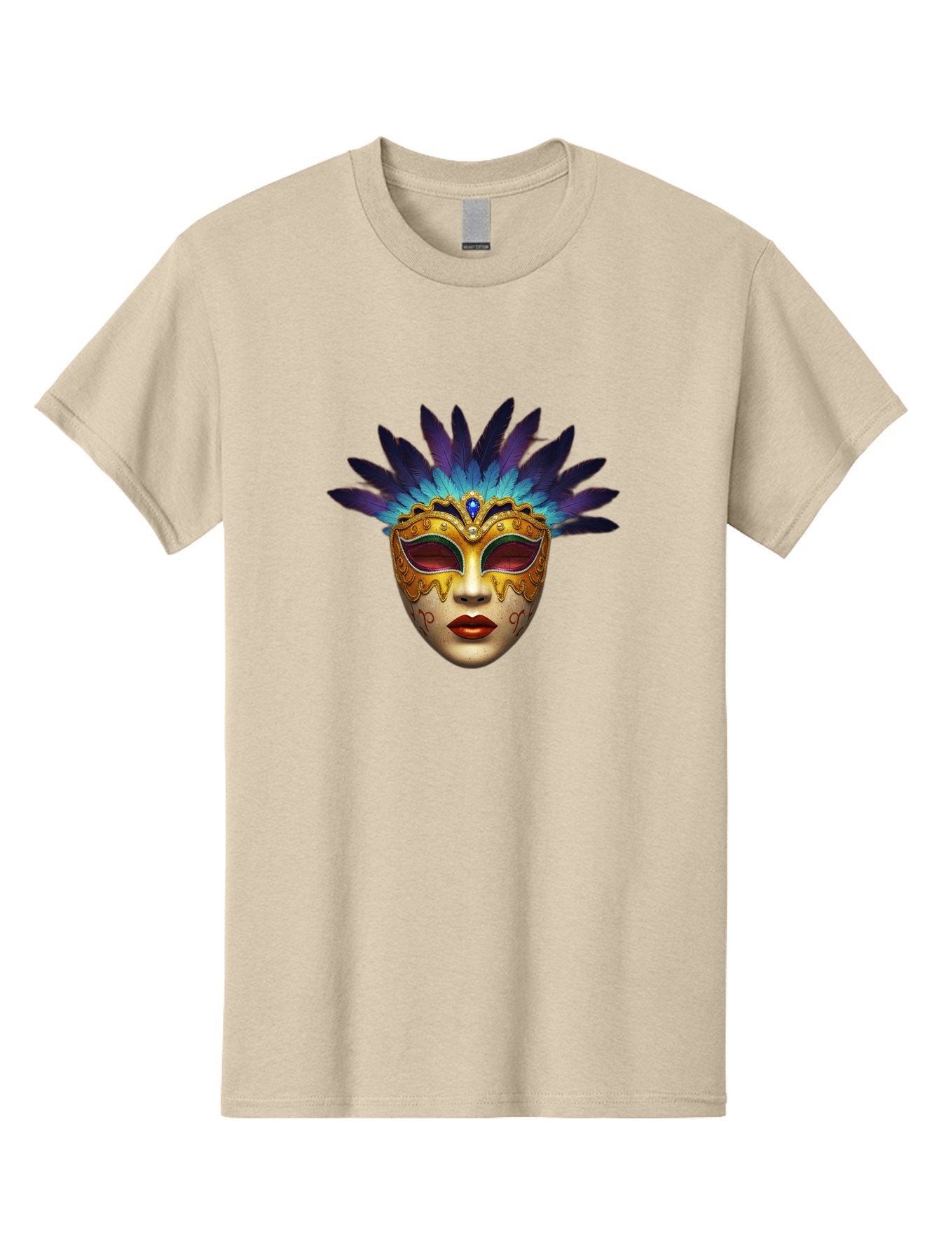 Venetian-Mask-4 Men'S Graphic Tee, 100% Cotton, Comfortable Casual Summer Wear, Machine Washable, Golden Venetian Mask, Mask With Feathers, Purple And Blue Feathers, Golden Decoration, Red Lips, Carnival Mask, Masquerade Ball, Mysterious Mask Bad891