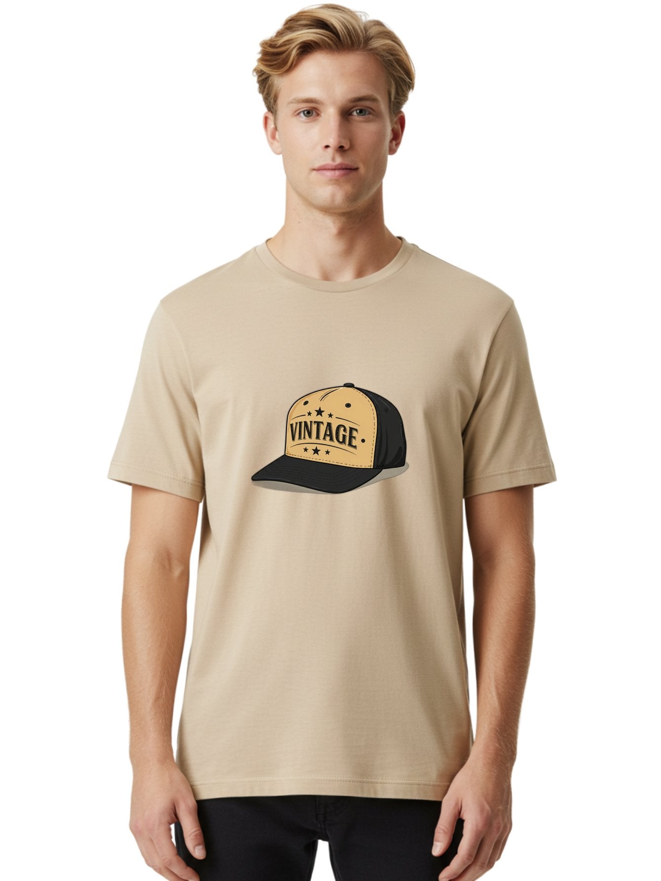 Vintage-Baseball-Cap Men'S Graphic Tee, 100% Cotton, Comfortable Casual Summer Wear, Machine Washable, Vintage Baseball Cap, Black And Beige Cap, Casual Wear, Fashion Accessory, Retro Style, Black Stars, Trendy Apparel, Streetwear, Bad894 26