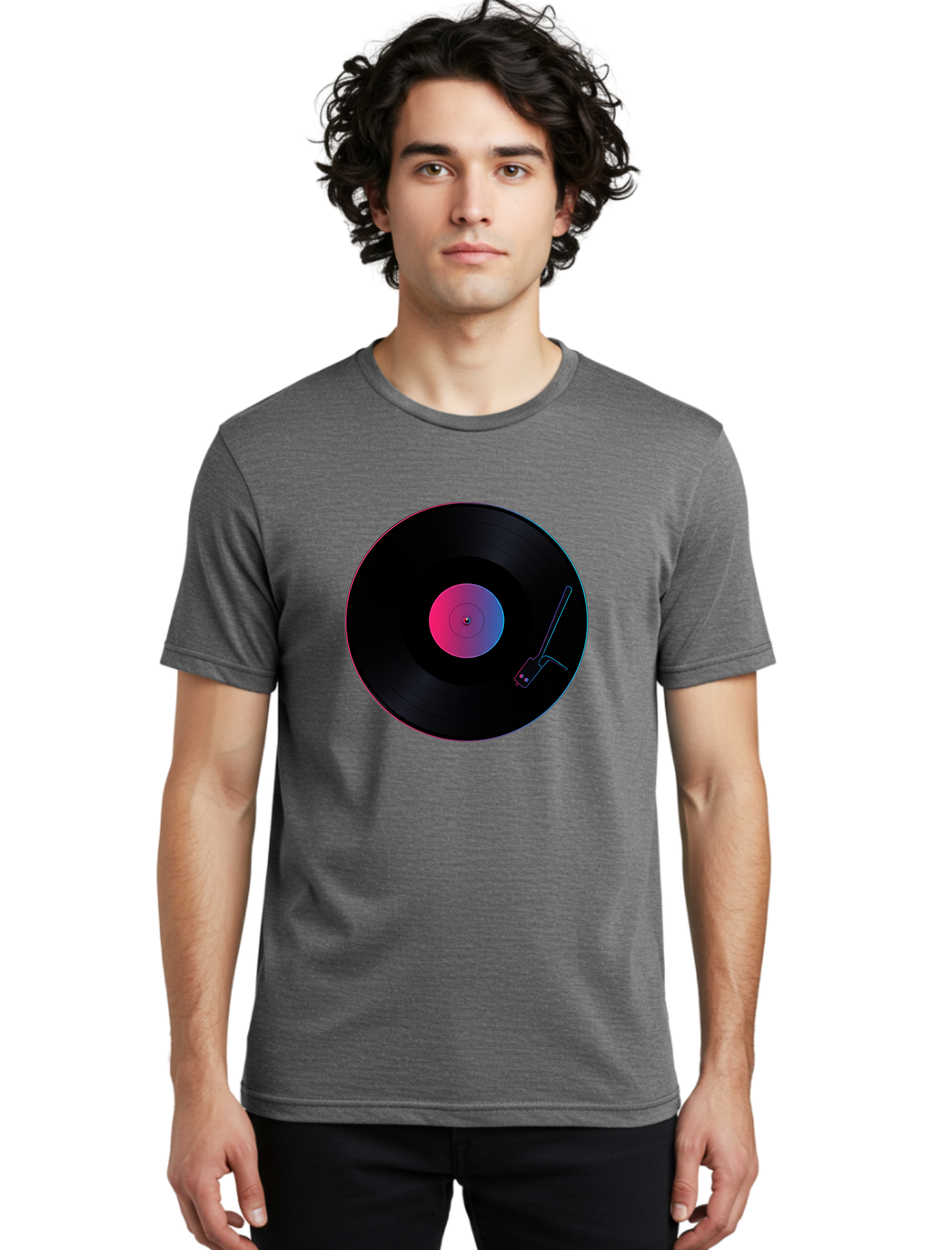 Vinyl-Record-Player Men'S Graphic Tee, 100% Cotton, Comfortable Casual Summer Wear, Machine Washable, Vinyl Record, Record Player, Music Lover, Dj Culture, Retro Vibe, Black Vinyl, Neon Glow, Music Nostalgia, Vinyl Collection, Turntable Art Bad903 17