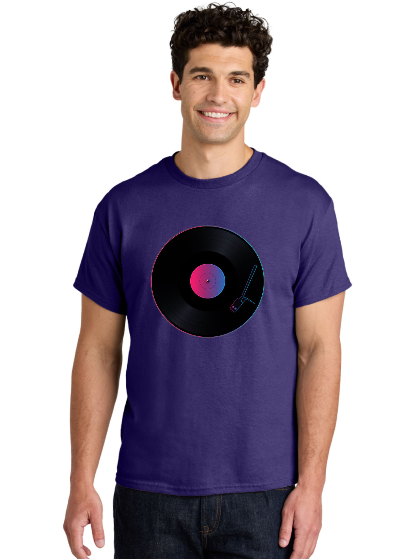 Vinyl-Record-Player Men'S Graphic Tee, 100% Cotton, Comfortable Casual Summer Wear, Machine Washable, Vinyl Record, Record Player, Music Lover, Dj Culture, Retro Vibe, Black Vinyl, Neon Glow, Music Nostalgia, Vinyl Collection, Turntable Art Bad903 27