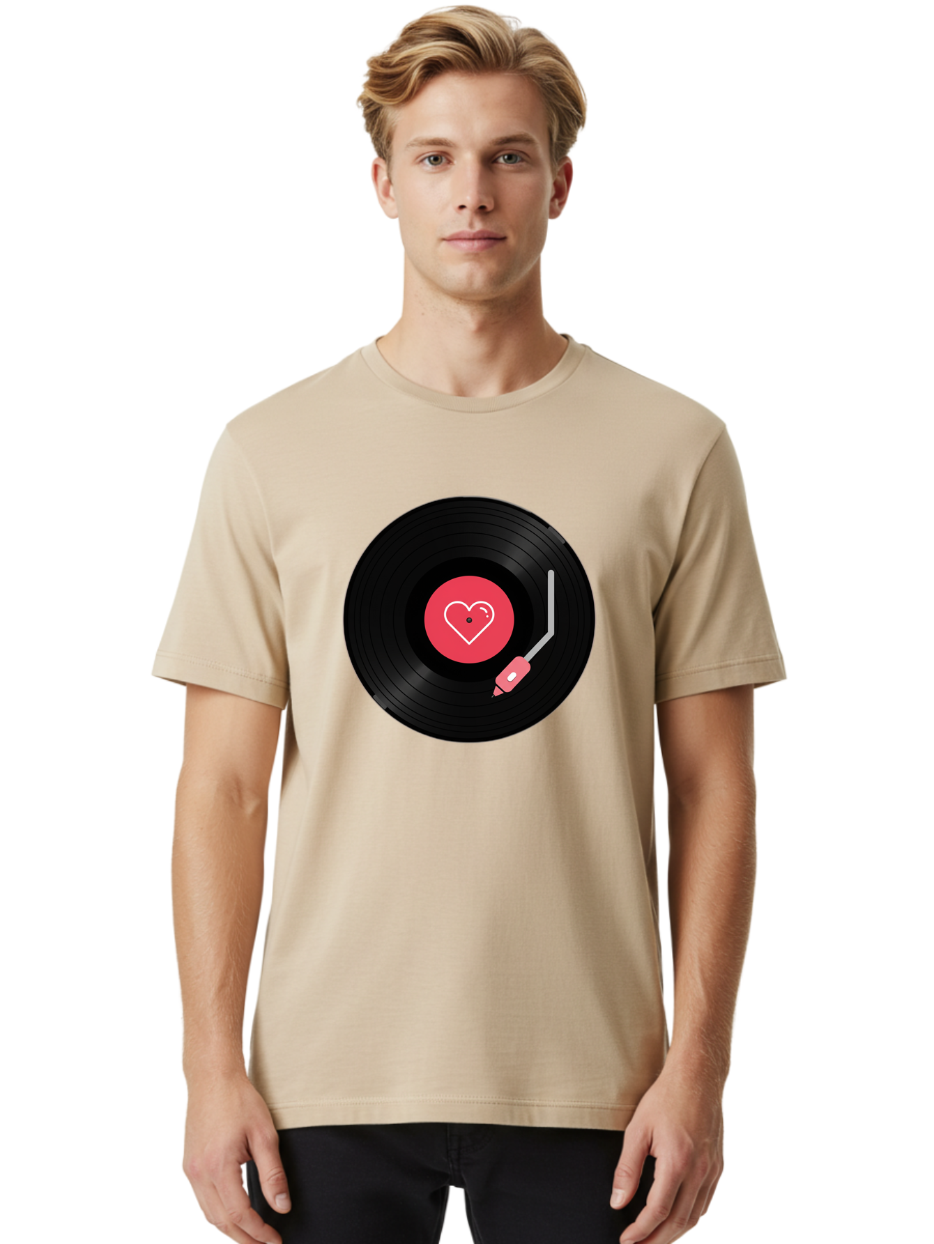 Vinyl-Record-With-Heart Men'S Graphic Tee, 100% Cotton, Comfortable Casual Summer Wear, Machine Washable, Vinyl Record, Heart Icon, Music Love, Record Player, Nostalgic Feel, Music Nostalgia, Retro Vibe, Heart Symbol, Love Music Bad904 24