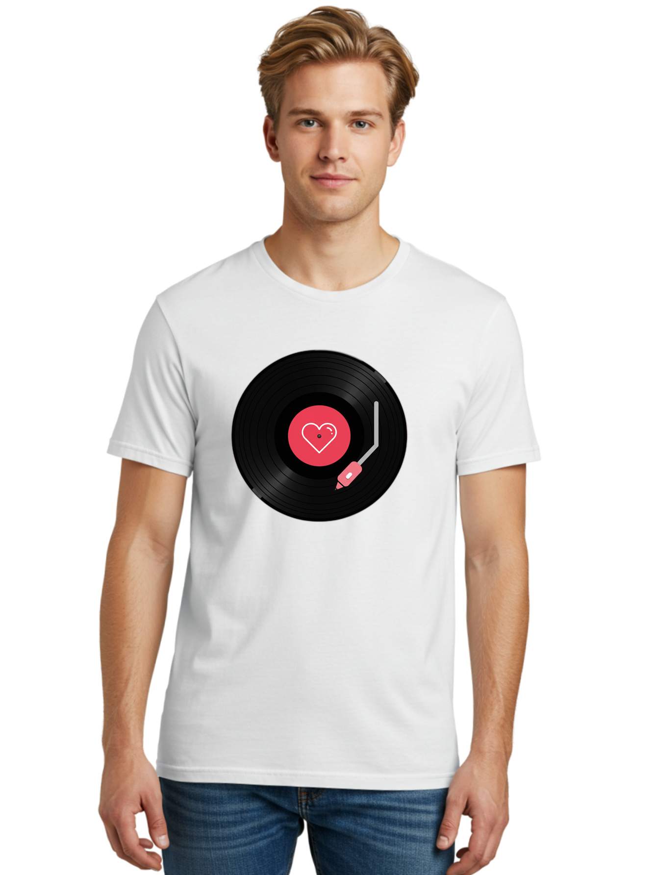 Vinyl-Record-With-Heart Men'S Graphic Tee, 100% Cotton, Comfortable Casual Summer Wear, Machine Washable, Vinyl Record, Heart Icon, Music Love, Record Player, Nostalgic Feel, Music Nostalgia, Retro Vibe, Heart Symbol, Love Music Bad904 25