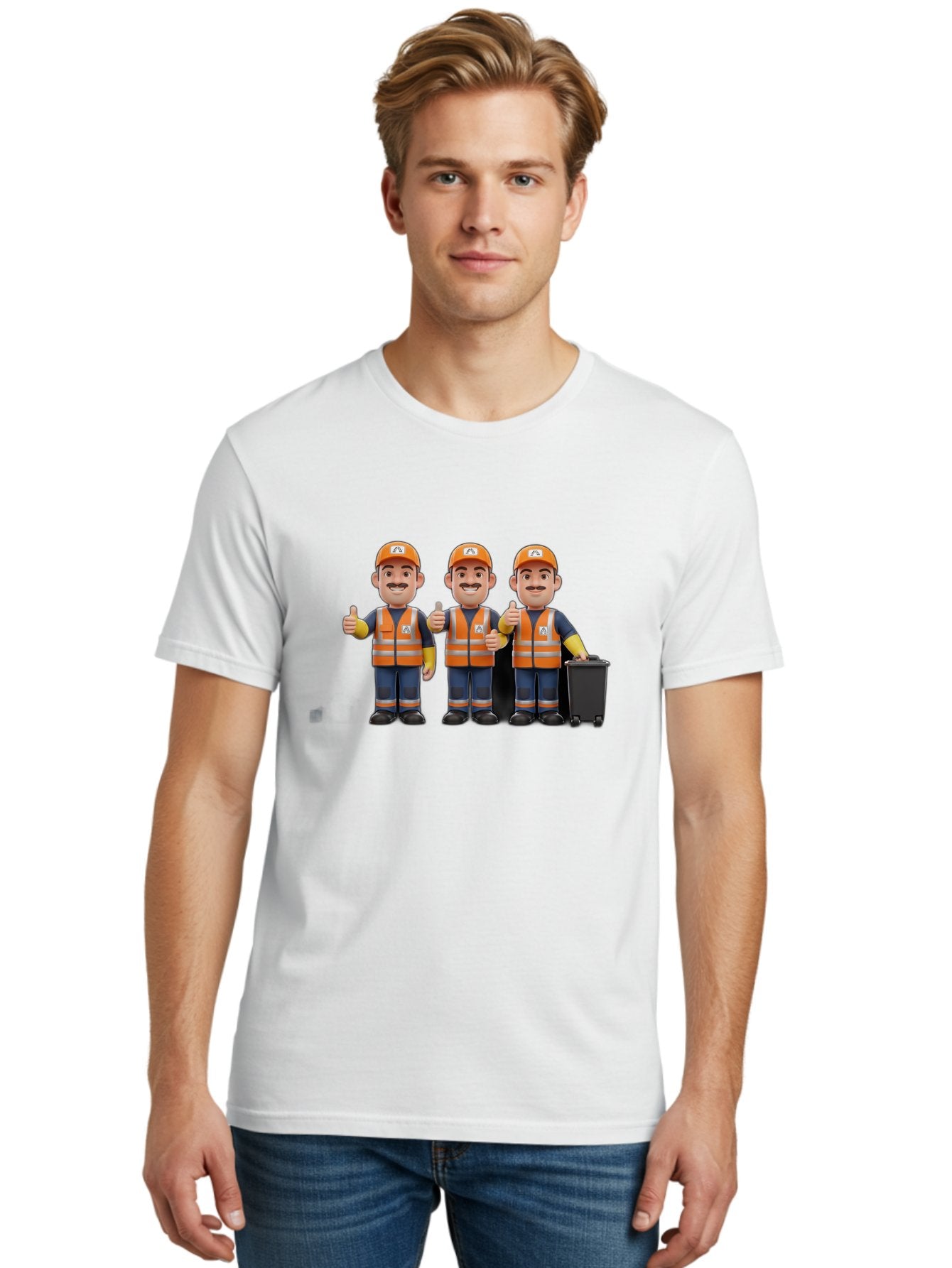 Waste-Management-Workers Men'S Graphic Tee, 100% Cotton, Comfortable Casual Summer Wear, Machine Washable, 3D Illustration, Waste Management Workers, Thumbs Up, Orange Safety Vests, Black Trash Bin, Customer Satisfaction, Bad908 22