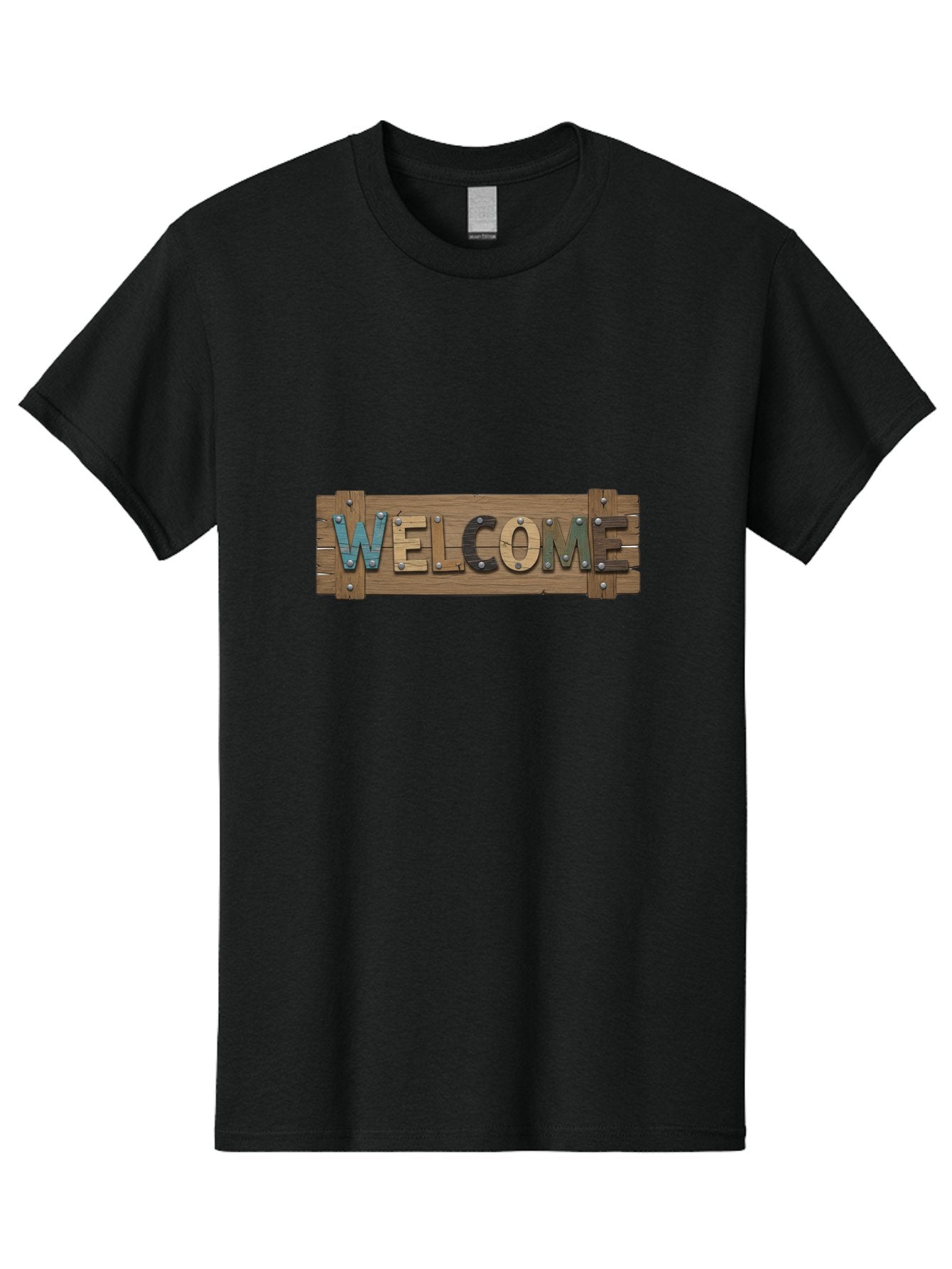 Welcome Men'S Graphic Tee, 100% Cotton, Comfortable Casual Summer Wear, Machine Washable, Wooden Welcome Sign, Rustic Design, Colorful Letters, Metal Rivets, Vintage Feel, Country Charm, Wooden Texture, Greeting Sign Bad910 13