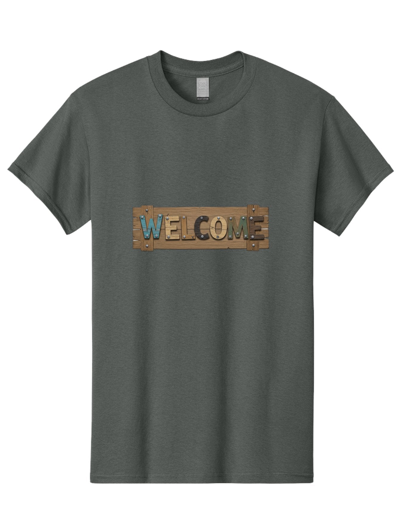 Welcome Men'S Graphic Tee, 100% Cotton, Comfortable Casual Summer Wear, Machine Washable, Wooden Welcome Sign, Rustic Design, Colorful Letters, Metal Rivets, Vintage Feel, Country Charm, Wooden Texture, Greeting Sign Bad910