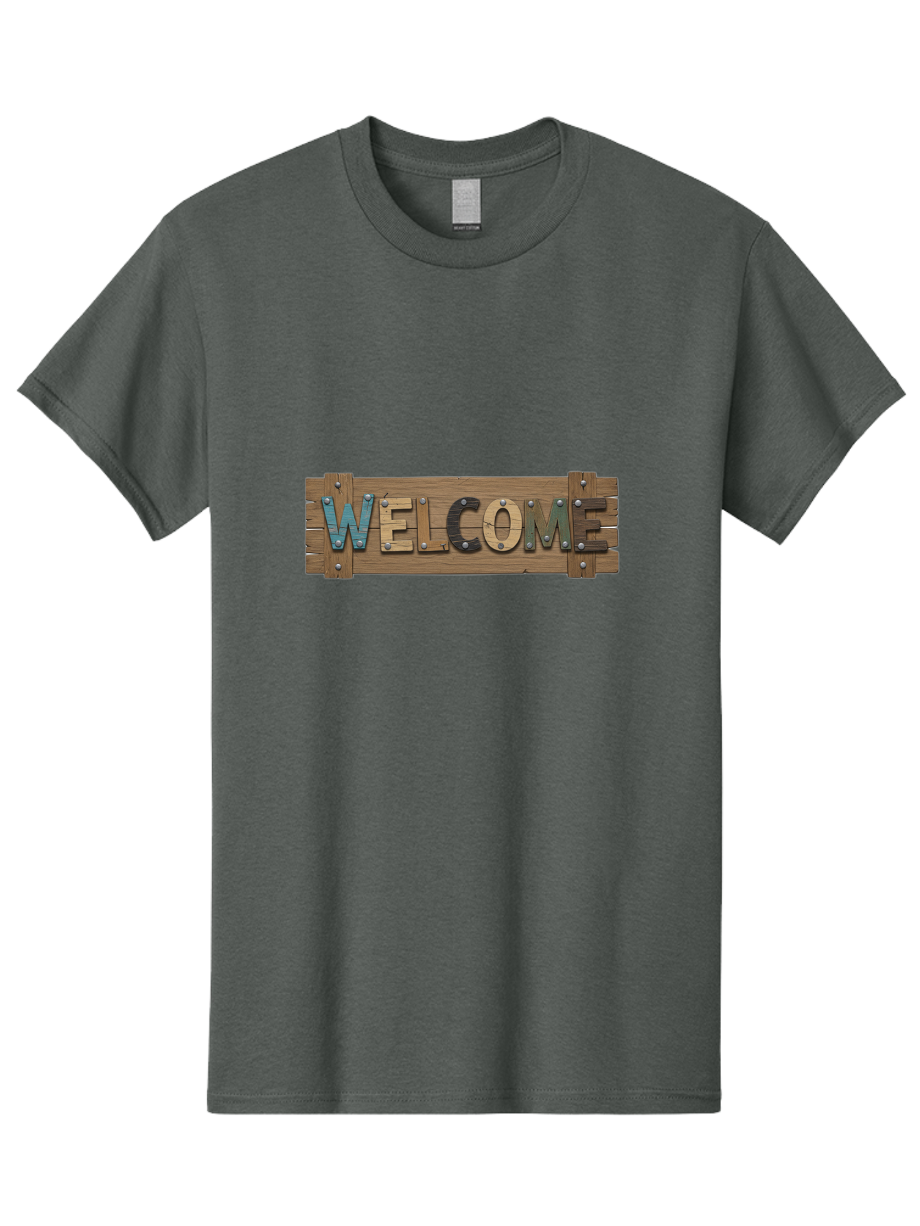 Welcome Men'S Graphic Tee, 100% Cotton, Comfortable Casual Summer Wear, Machine Washable, Wooden Welcome Sign, Rustic Design, Colorful Letters, Metal Rivets, Vintage Feel, Country Charm, Wooden Texture, Greeting Sign Bad910 10