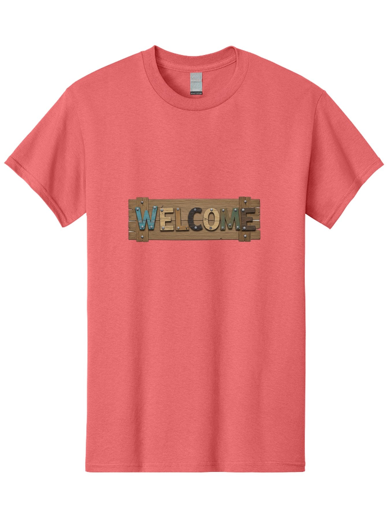 Welcome Men'S Graphic Tee, 100% Cotton, Comfortable Casual Summer Wear, Machine Washable, Wooden Welcome Sign, Rustic Design, Colorful Letters, Metal Rivets, Vintage Feel, Country Charm, Wooden Texture, Greeting Sign Bad910 12