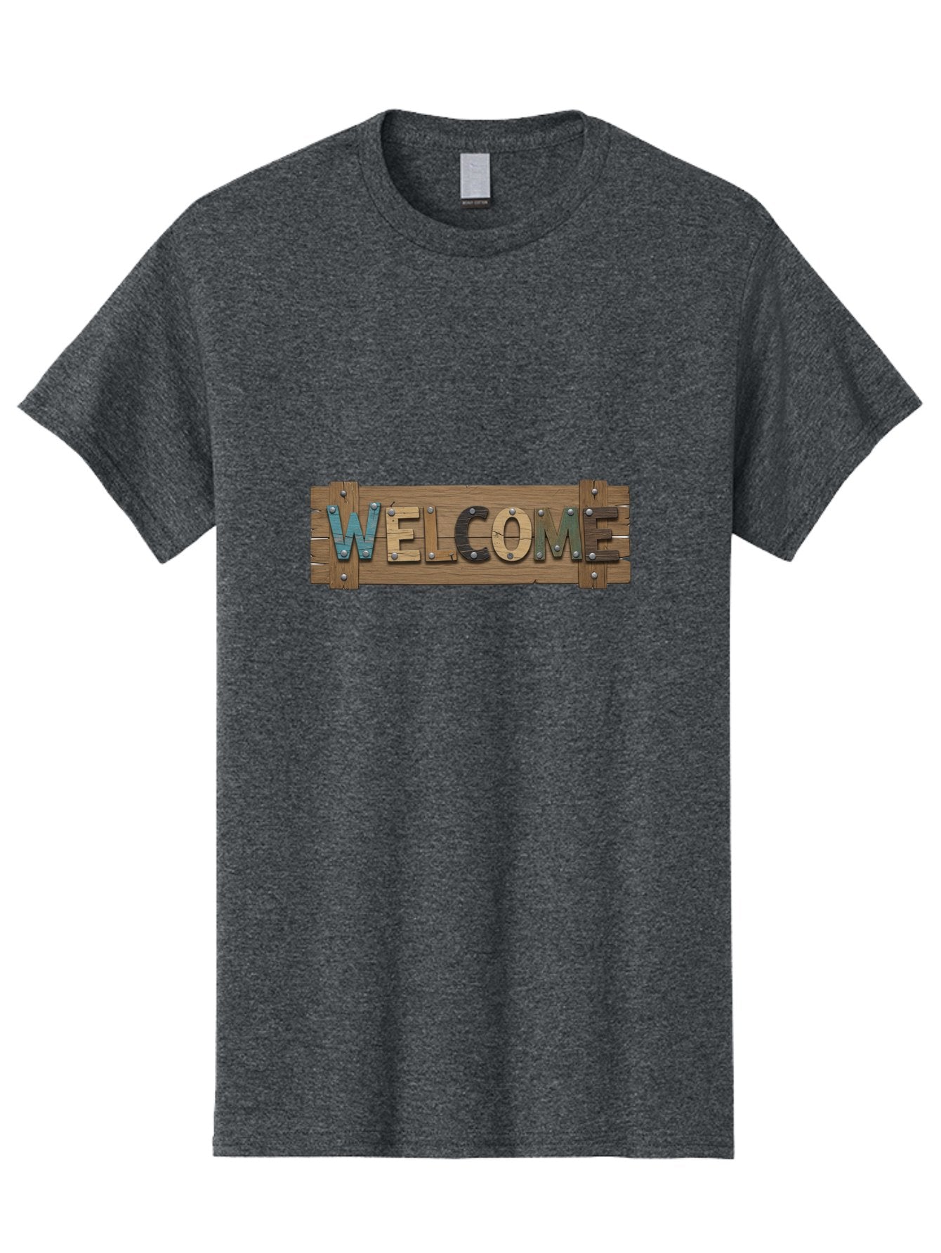 Welcome Men'S Graphic Tee, 100% Cotton, Comfortable Casual Summer Wear, Machine Washable, Wooden Welcome Sign, Rustic Design, Colorful Letters, Metal Rivets, Vintage Feel, Country Charm, Wooden Texture, Greeting Sign Bad910 11