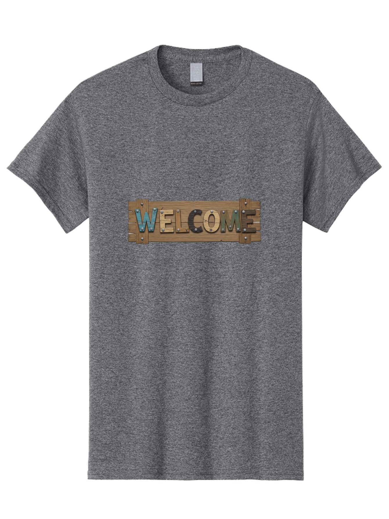 Welcome Men'S Graphic Tee, 100% Cotton, Comfortable Casual Summer Wear, Machine Washable, Wooden Welcome Sign, Rustic Design, Colorful Letters, Metal Rivets, Vintage Feel, Country Charm, Wooden Texture, Greeting Sign Bad910 9