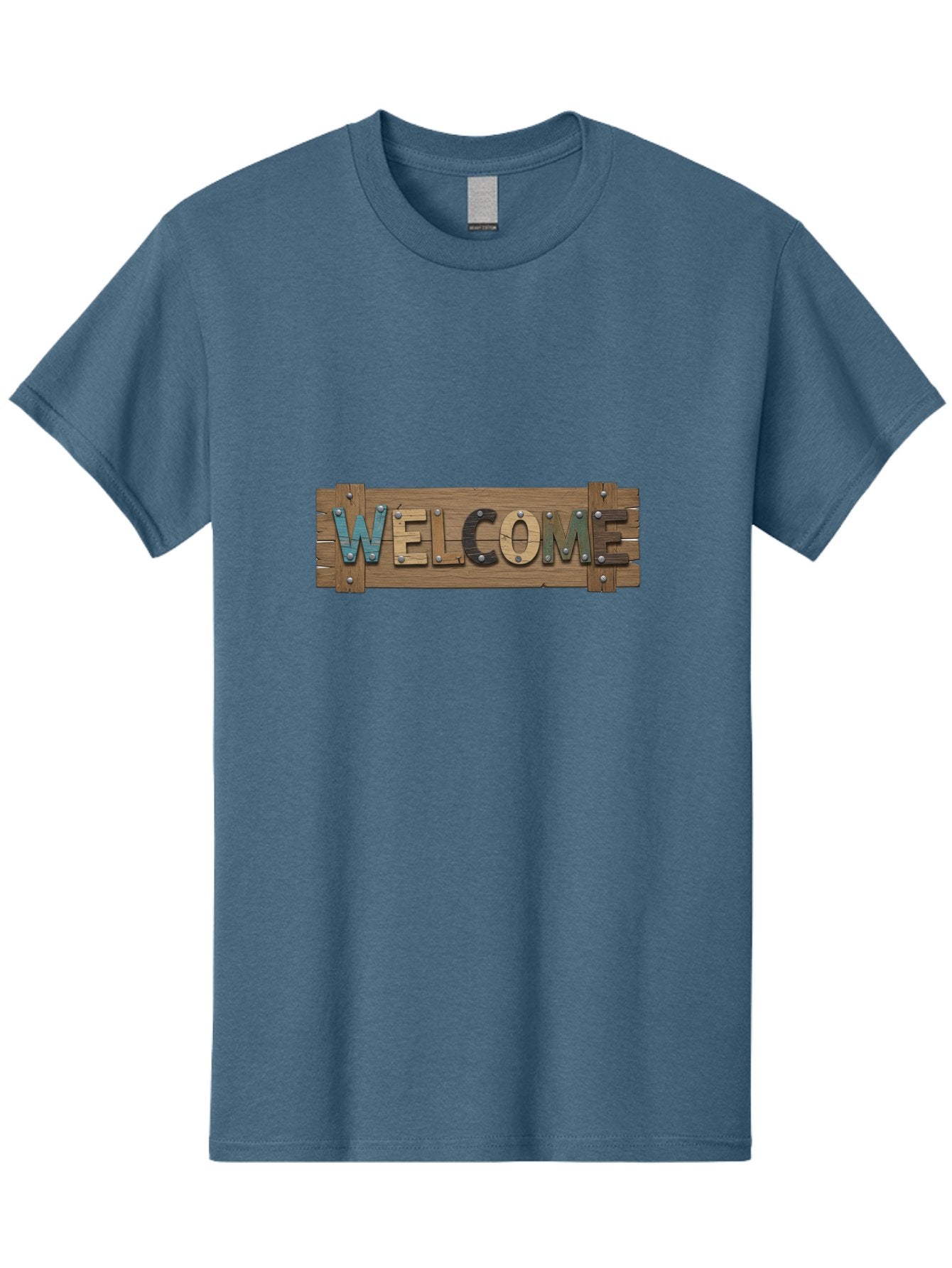 Welcome Men'S Graphic Tee, 100% Cotton, Comfortable Casual Summer Wear, Machine Washable, Wooden Welcome Sign, Rustic Design, Colorful Letters, Metal Rivets, Vintage Feel, Country Charm, Wooden Texture, Greeting Sign Bad910 15
