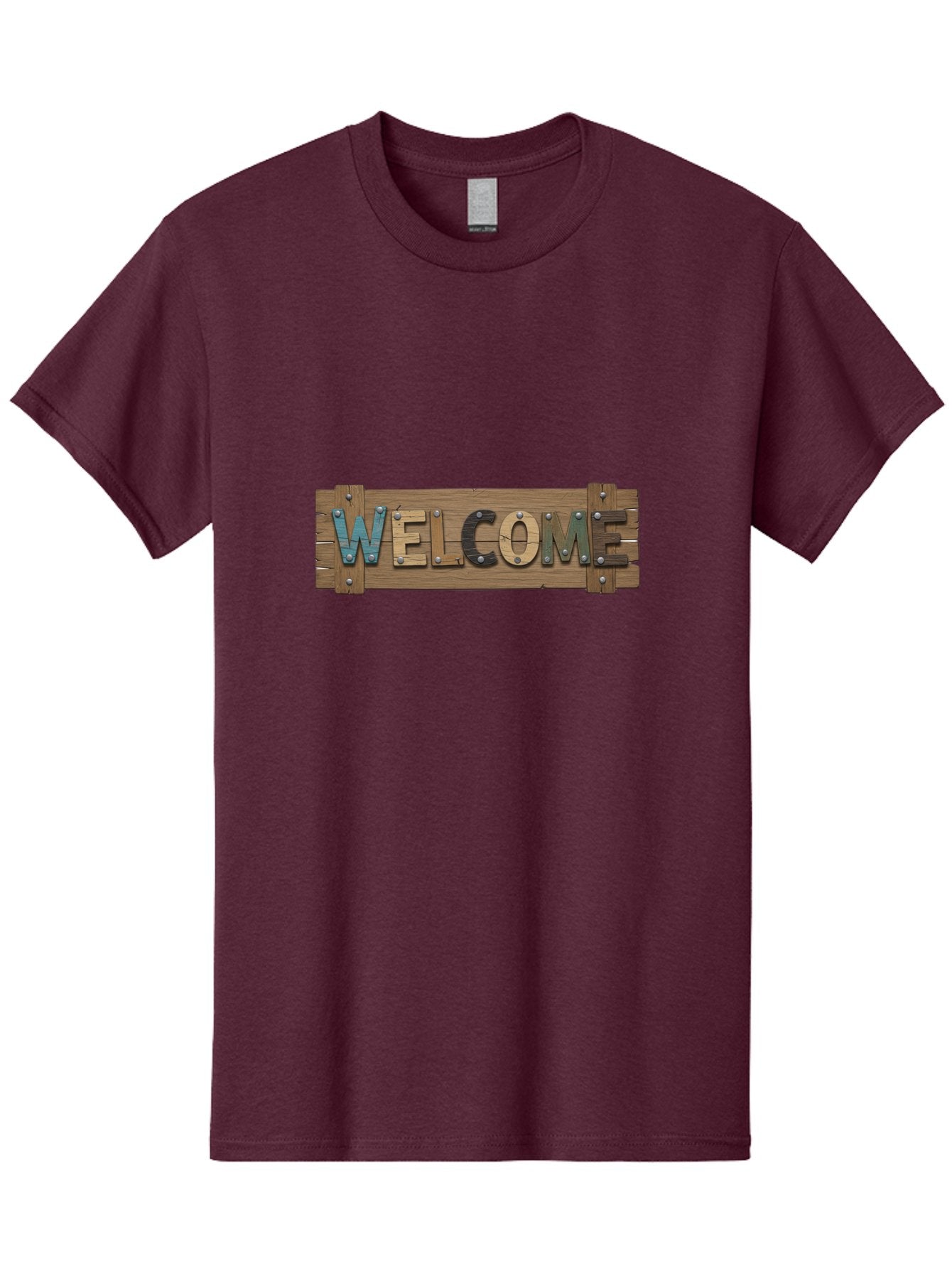 Welcome Men'S Graphic Tee, 100% Cotton, Comfortable Casual Summer Wear, Machine Washable, Wooden Welcome Sign, Rustic Design, Colorful Letters, Metal Rivets, Vintage Feel, Country Charm, Wooden Texture, Greeting Sign Bad910