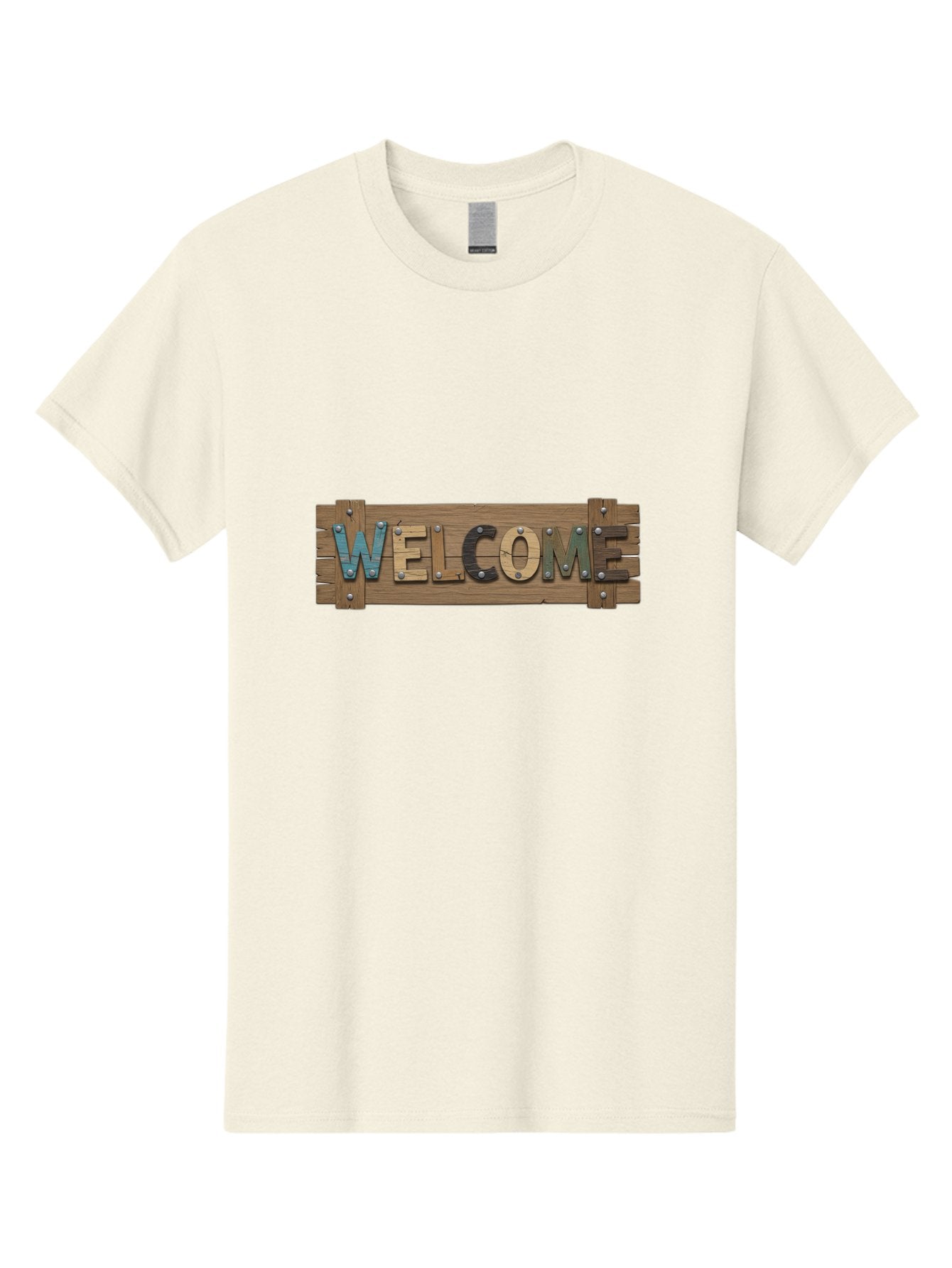 Welcome Men'S Graphic Tee, 100% Cotton, Comfortable Casual Summer Wear, Machine Washable, Wooden Welcome Sign, Rustic Design, Colorful Letters, Metal Rivets, Vintage Feel, Country Charm, Wooden Texture, Greeting Sign Bad910 3