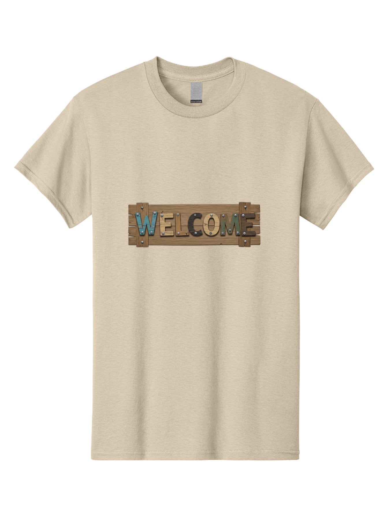 Welcome Men'S Graphic Tee, 100% Cotton, Comfortable Casual Summer Wear, Machine Washable, Wooden Welcome Sign, Rustic Design, Colorful Letters, Metal Rivets, Vintage Feel, Country Charm, Wooden Texture, Greeting Sign Bad910 7