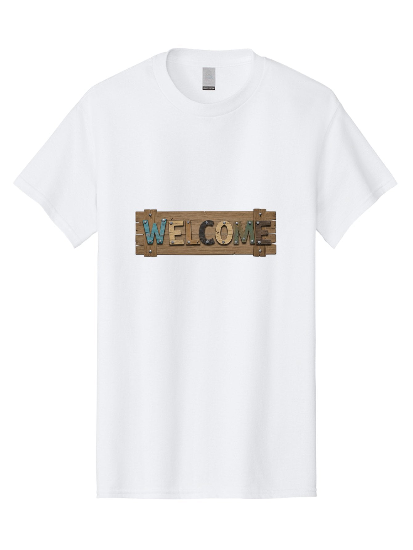 Welcome Men'S Graphic Tee, 100% Cotton, Comfortable Casual Summer Wear, Machine Washable, Wooden Welcome Sign, Rustic Design, Colorful Letters, Metal Rivets, Vintage Feel, Country Charm, Wooden Texture, Greeting Sign Bad910 10