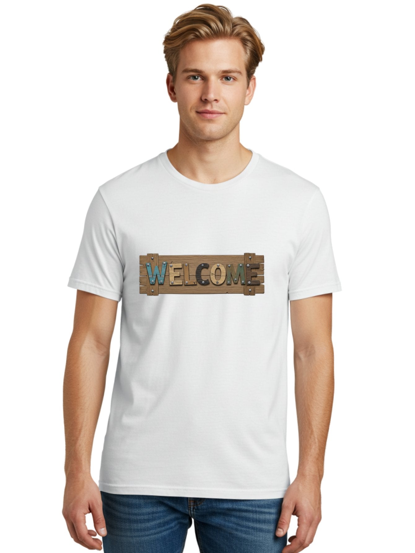 Welcome Men'S Graphic Tee, 100% Cotton, Comfortable Casual Summer Wear, Machine Washable, Wooden Welcome Sign, Rustic Design, Colorful Letters, Metal Rivets, Vintage Feel, Country Charm, Wooden Texture, Greeting Sign Bad910 17