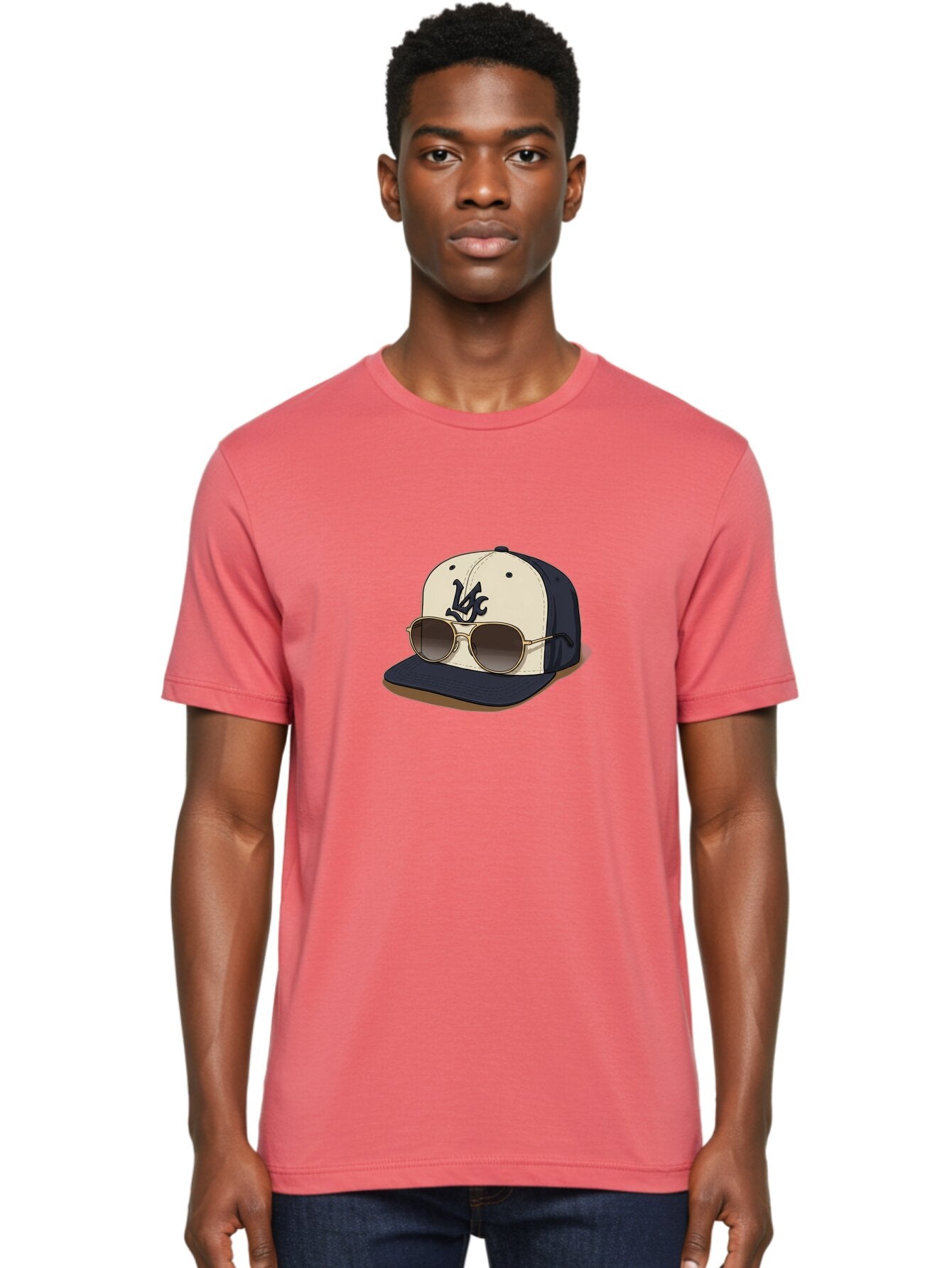 Wfc-Baseball-Cap Men'S Graphic Tee, 100% Cotton, Comfortable Casual Summer Wear, Machine Washable, Baseball Cap, Sunglasses, Gold Frames, Dark Lenses, Navy Blue, White Cap, Vc Logo, Stylish Accessories, Trendy Fashion, Casual Wear Bad911 25