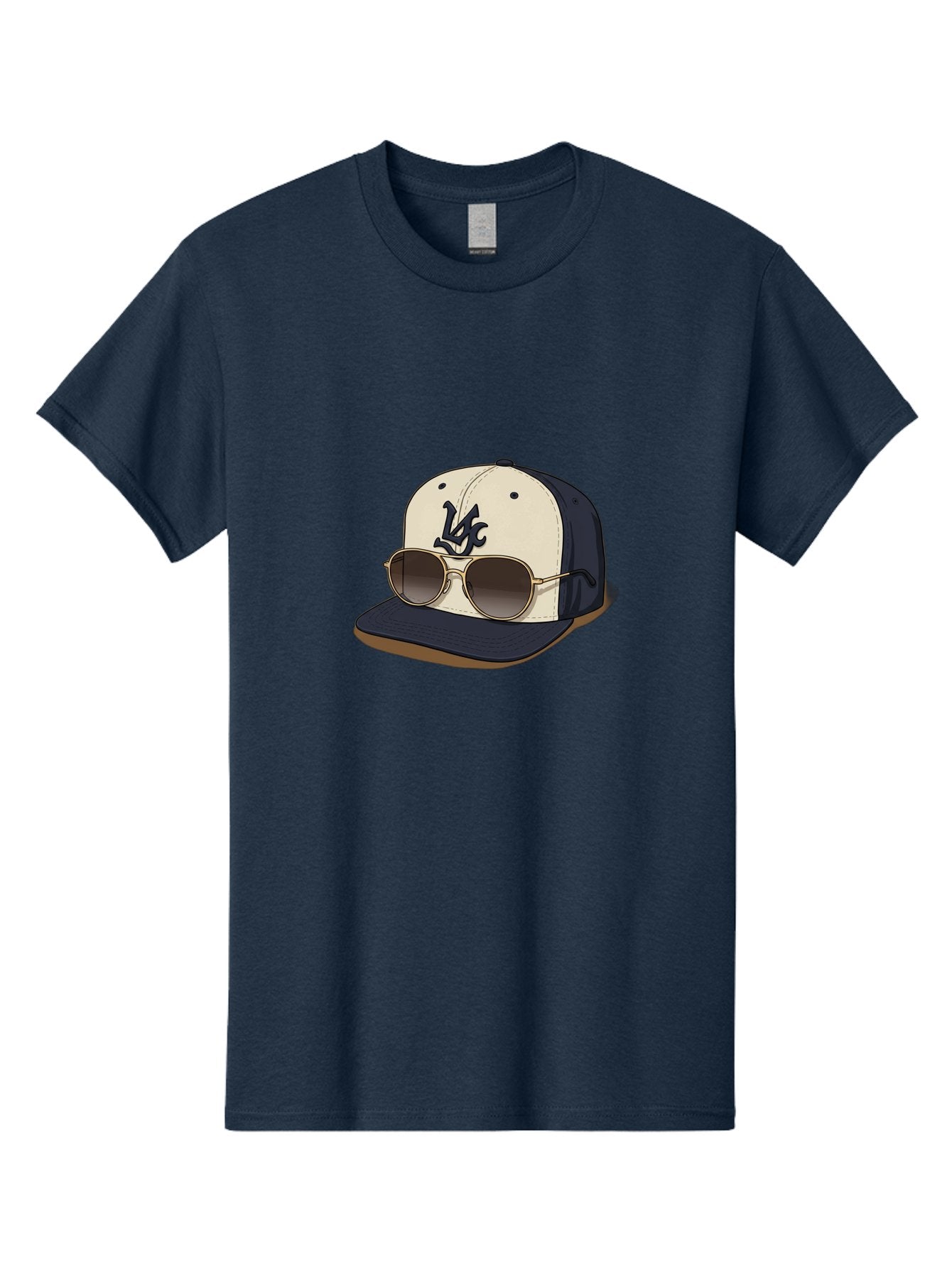Wfc-Baseball-Cap Men'S Graphic Tee, 100% Cotton, Comfortable Casual Summer Wear, Machine Washable, Baseball Cap, Sunglasses, Gold Frames, Dark Lenses, Navy Blue, White Cap, Vc Logo, Stylish Accessories, Trendy Fashion, Casual Wear Bad911