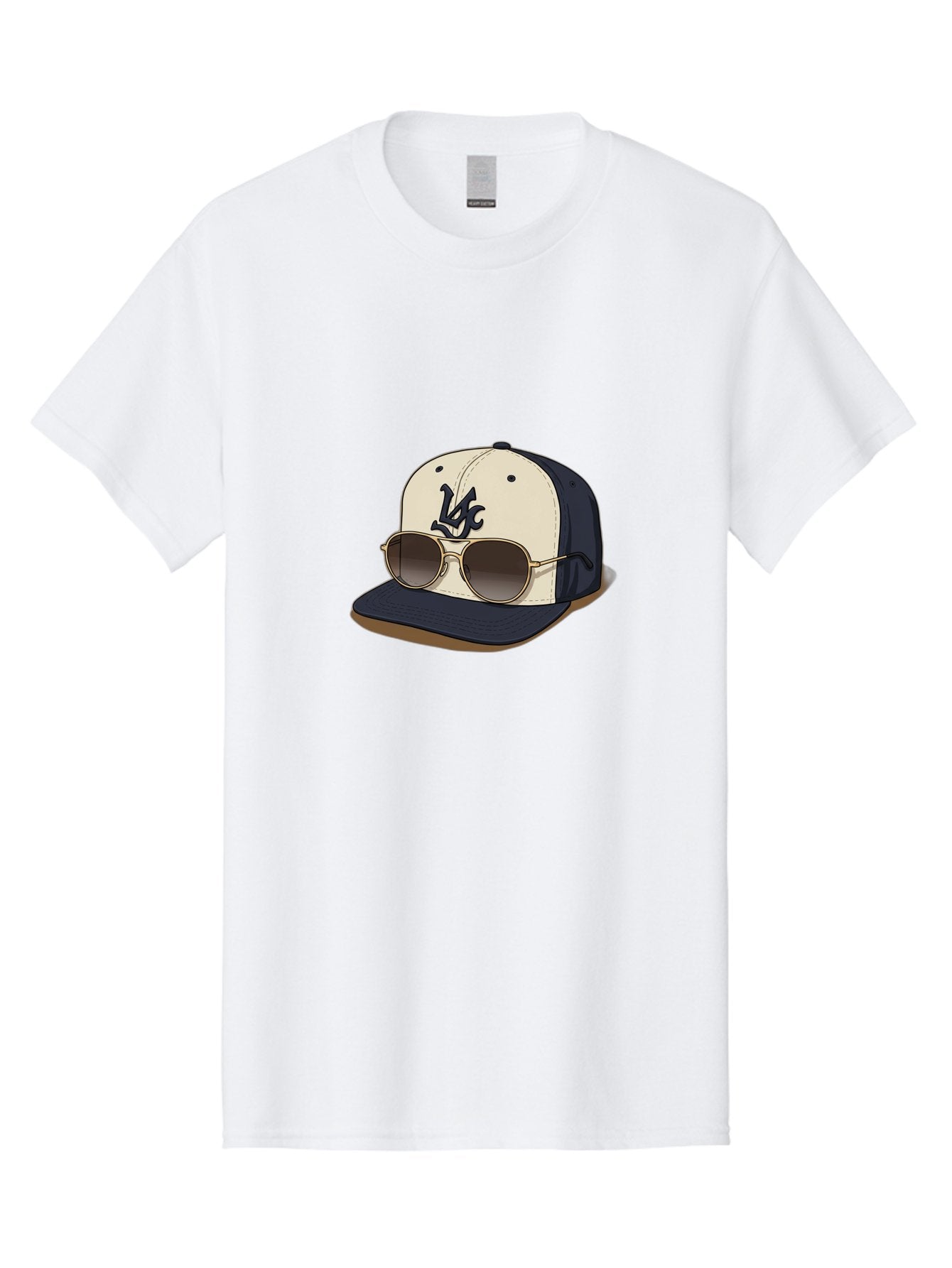 Wfc-Baseball-Cap Men'S Graphic Tee, 100% Cotton, Comfortable Casual Summer Wear, Machine Washable, Baseball Cap, Sunglasses, Gold Frames, Dark Lenses, Navy Blue, White Cap, Vc Logo, Stylish Accessories, Trendy Fashion, Casual Wear Bad911 9