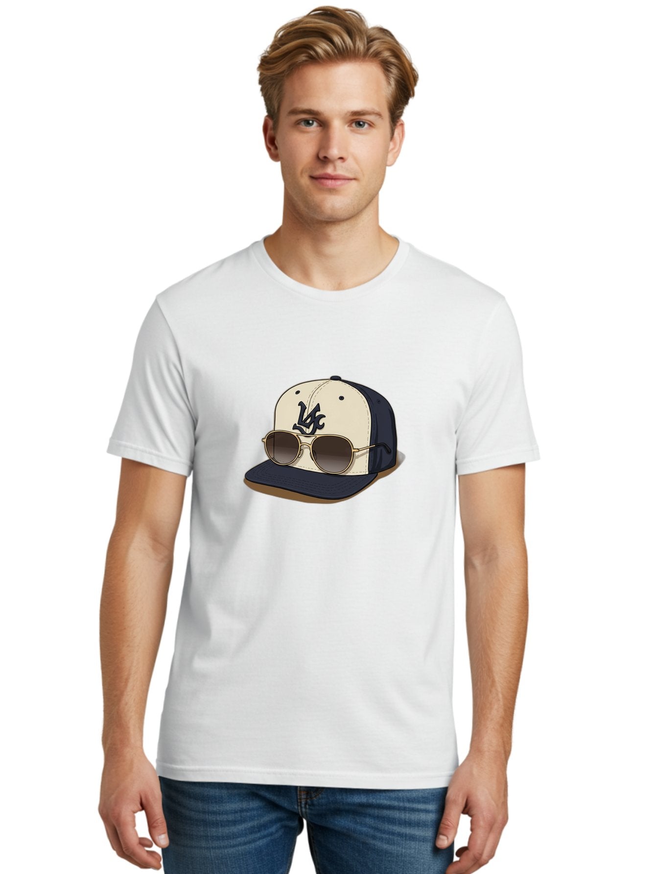 Wfc-Baseball-Cap Men'S Graphic Tee, 100% Cotton, Comfortable Casual Summer Wear, Machine Washable, Baseball Cap, Sunglasses, Gold Frames, Dark Lenses, Navy Blue, White Cap, Vc Logo, Stylish Accessories, Trendy Fashion, Casual Wear Bad911 26