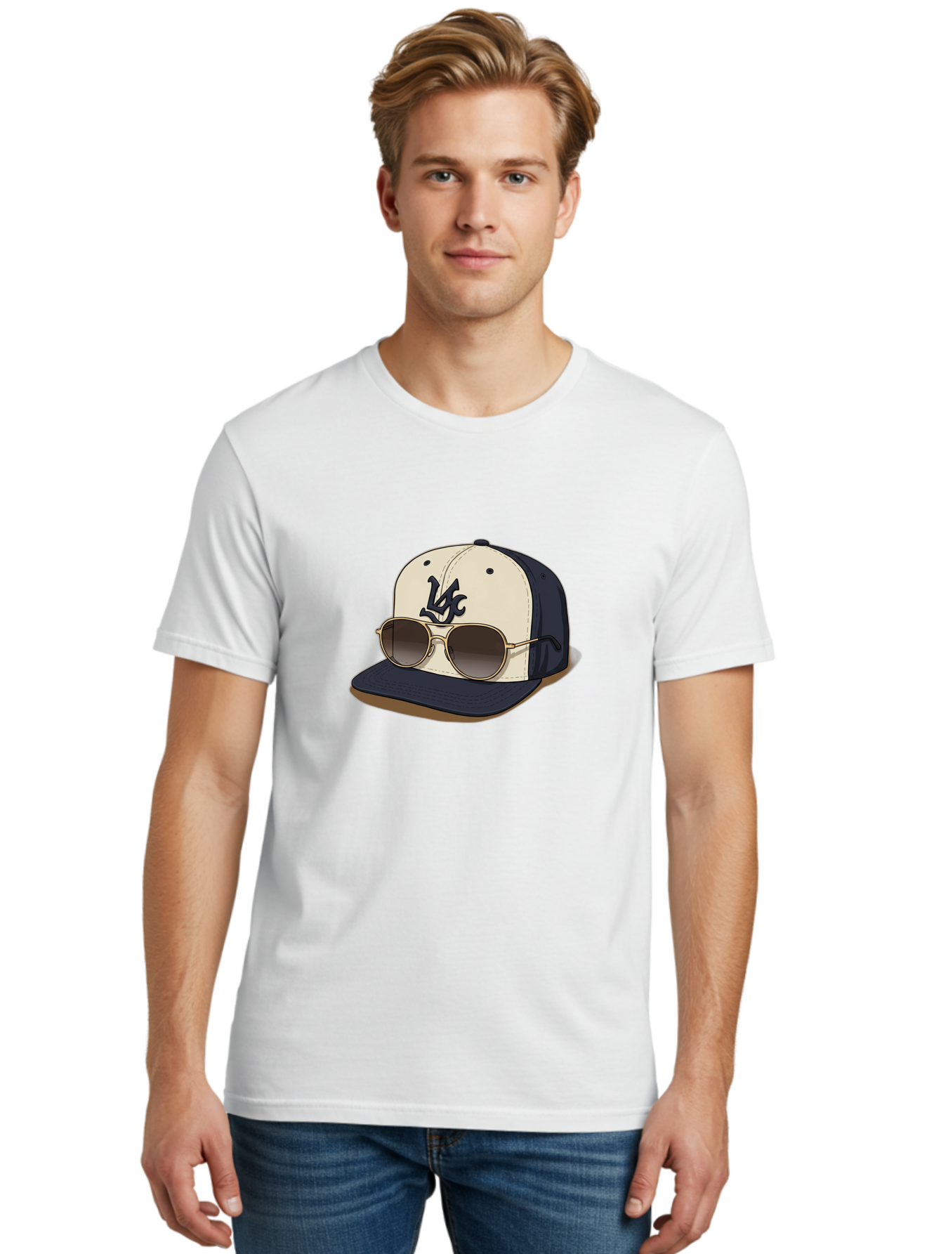 Wfc-Baseball-Cap Men'S Graphic Tee, 100% Cotton, Comfortable Casual Summer Wear, Machine Washable, Baseball Cap, Sunglasses, Gold Frames, Dark Lenses, Navy Blue, White Cap, Vc Logo, Stylish Accessories, Trendy Fashion, Casual Wear Bad911 20