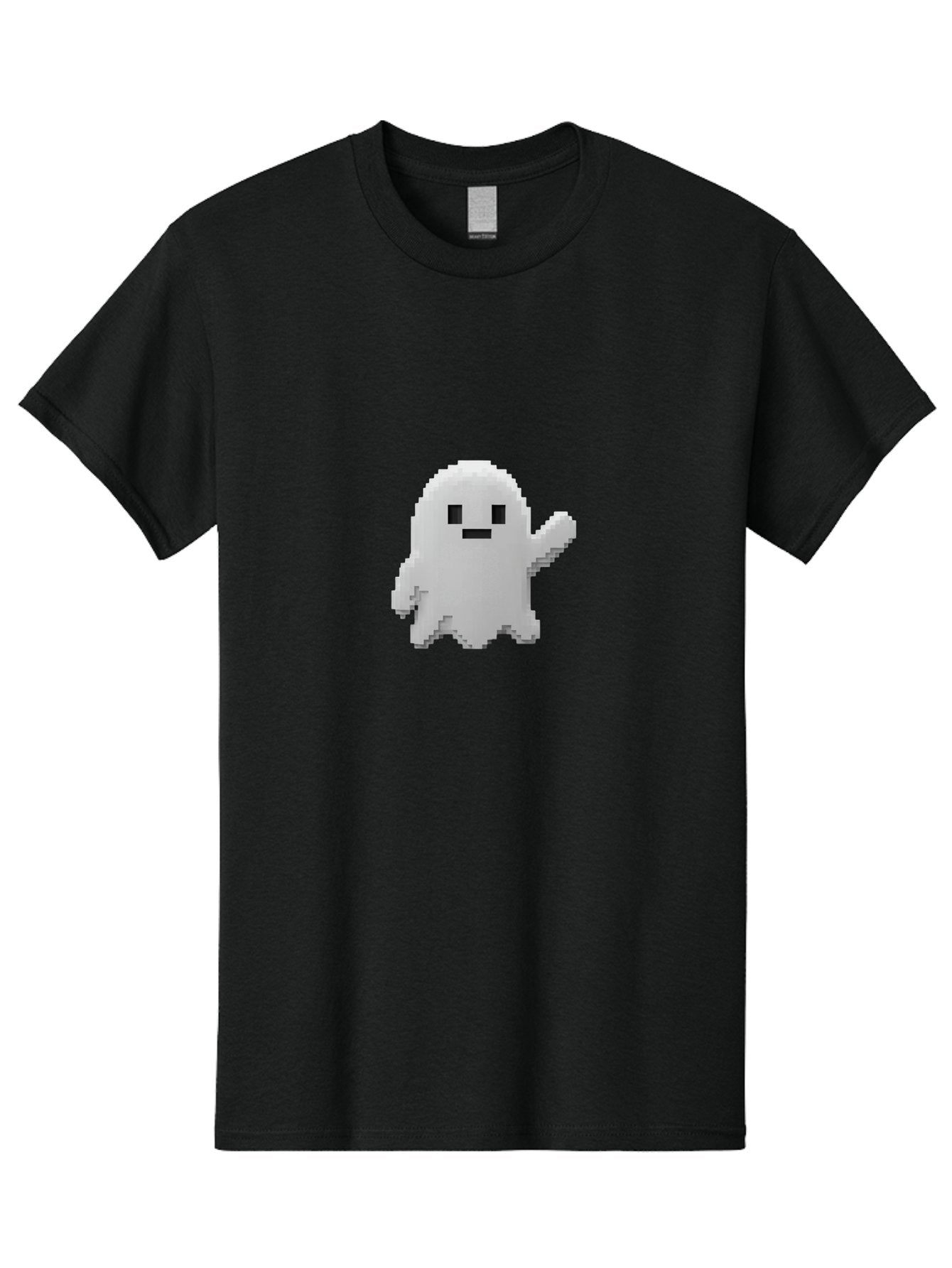 White-Ghost Men'S Graphic Tee, 100% Cotton, Comfortable Casual Summer Wear, Machine Washable, White Ghost Pixel Art, Friendly Ghost, Cute Character, Cartoon Style, Retro Video Game, Pixelated Graphics, Adorable Creature, Waving Ghost Bad914 14