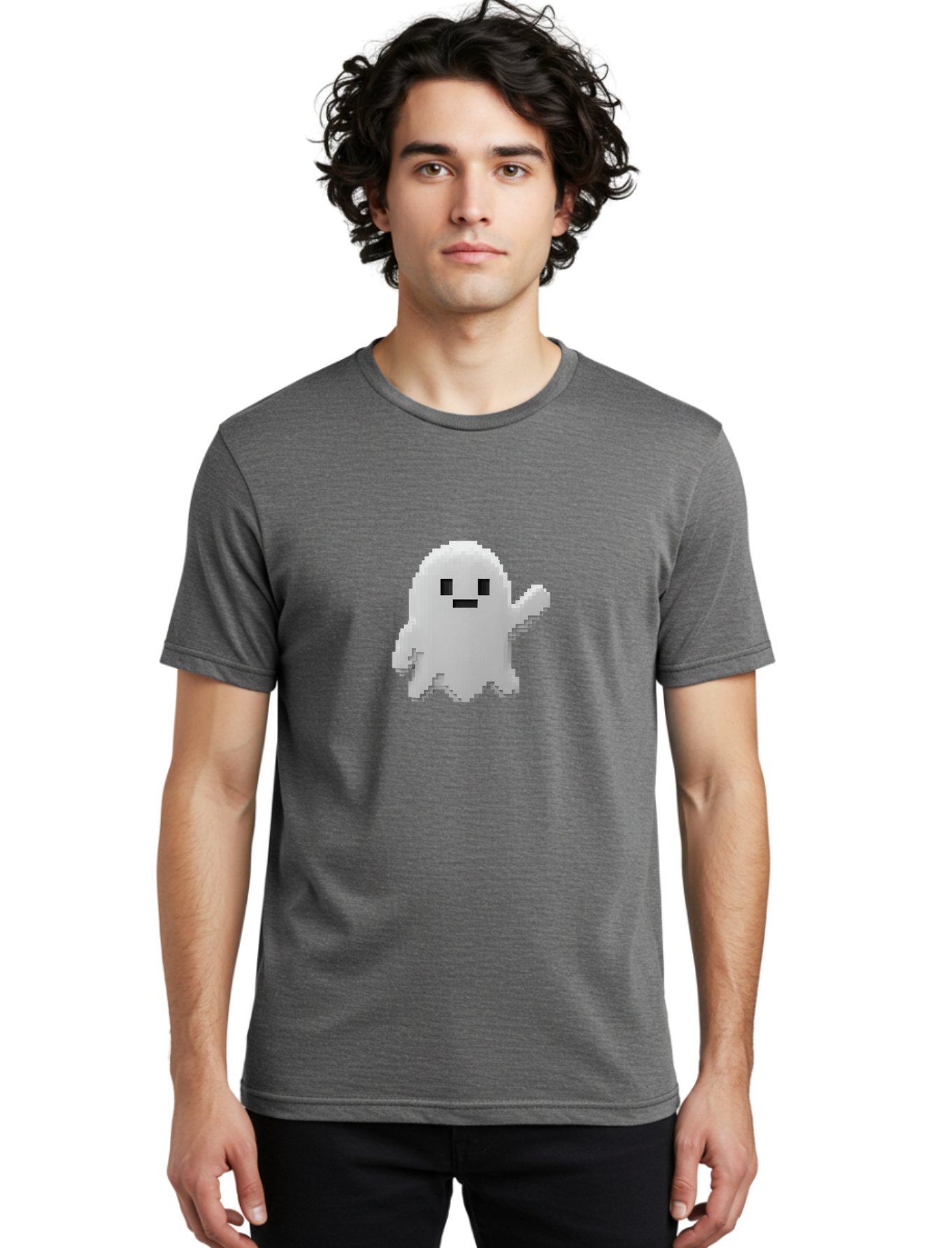 White-Ghost Men'S Graphic Tee, 100% Cotton, Comfortable Casual Summer Wear, Machine Washable, White Ghost Pixel Art, Friendly Ghost, Cute Character, Cartoon Style, Retro Video Game, Pixelated Graphics, Adorable Creature, Waving Ghost Bad914 21