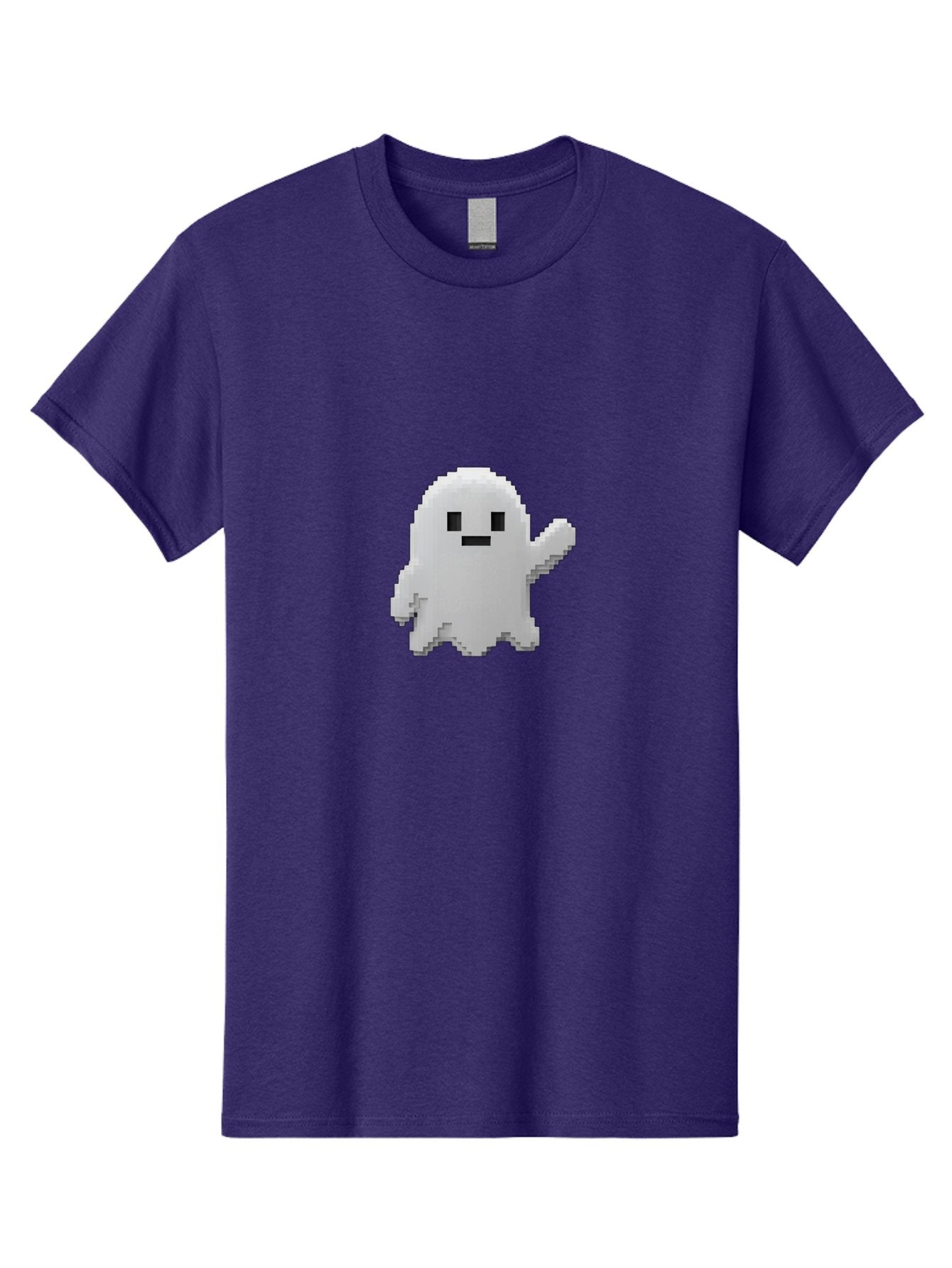 White-Ghost Men'S Graphic Tee, 100% Cotton, Comfortable Casual Summer Wear, Machine Washable, White Ghost Pixel Art, Friendly Ghost, Cute Character, Cartoon Style, Retro Video Game, Pixelated Graphics, Adorable Creature, Waving Ghost Bad914