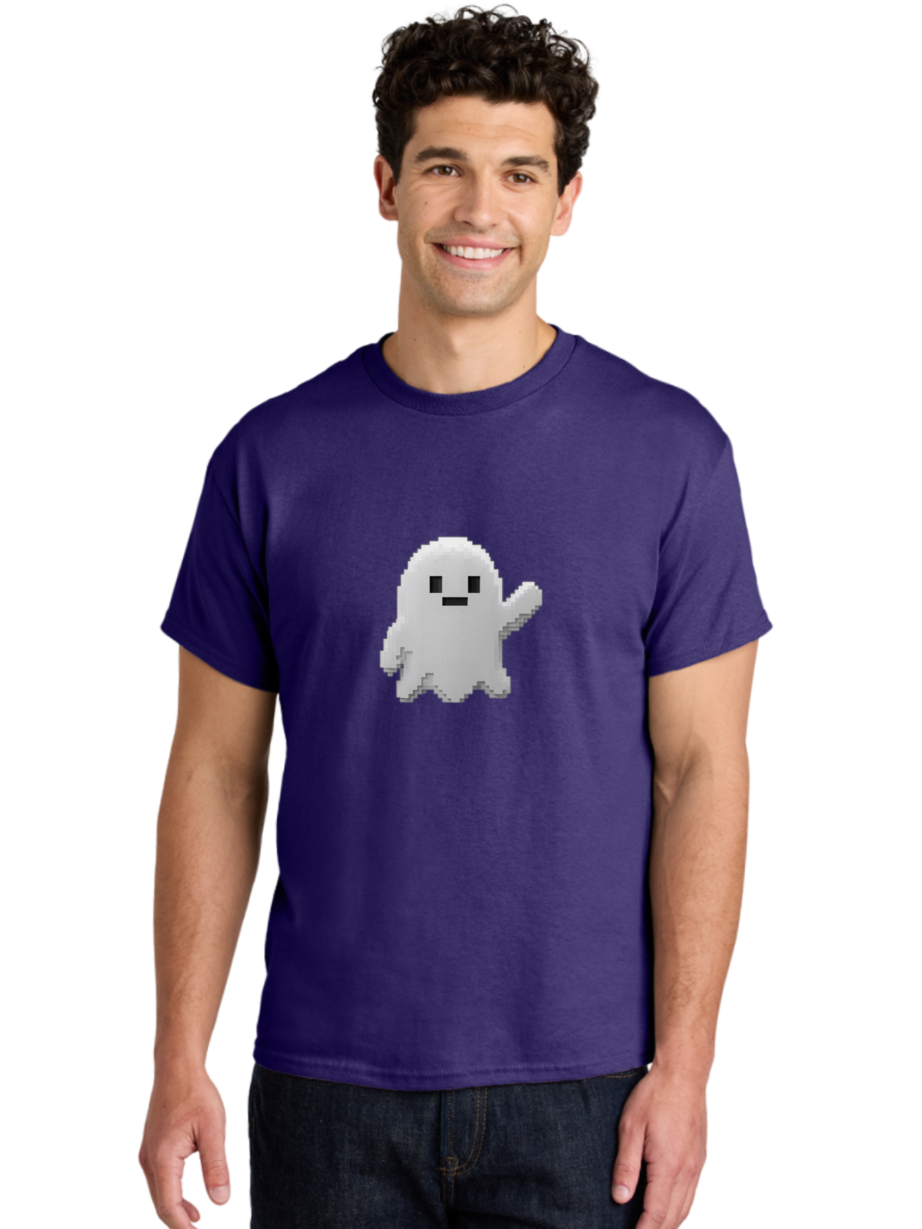 White-Ghost Men'S Graphic Tee, 100% Cotton, Comfortable Casual Summer Wear, Machine Washable, White Ghost Pixel Art, Friendly Ghost, Cute Character, Cartoon Style, Retro Video Game, Pixelated Graphics, Adorable Creature, Waving Ghost Bad914 26