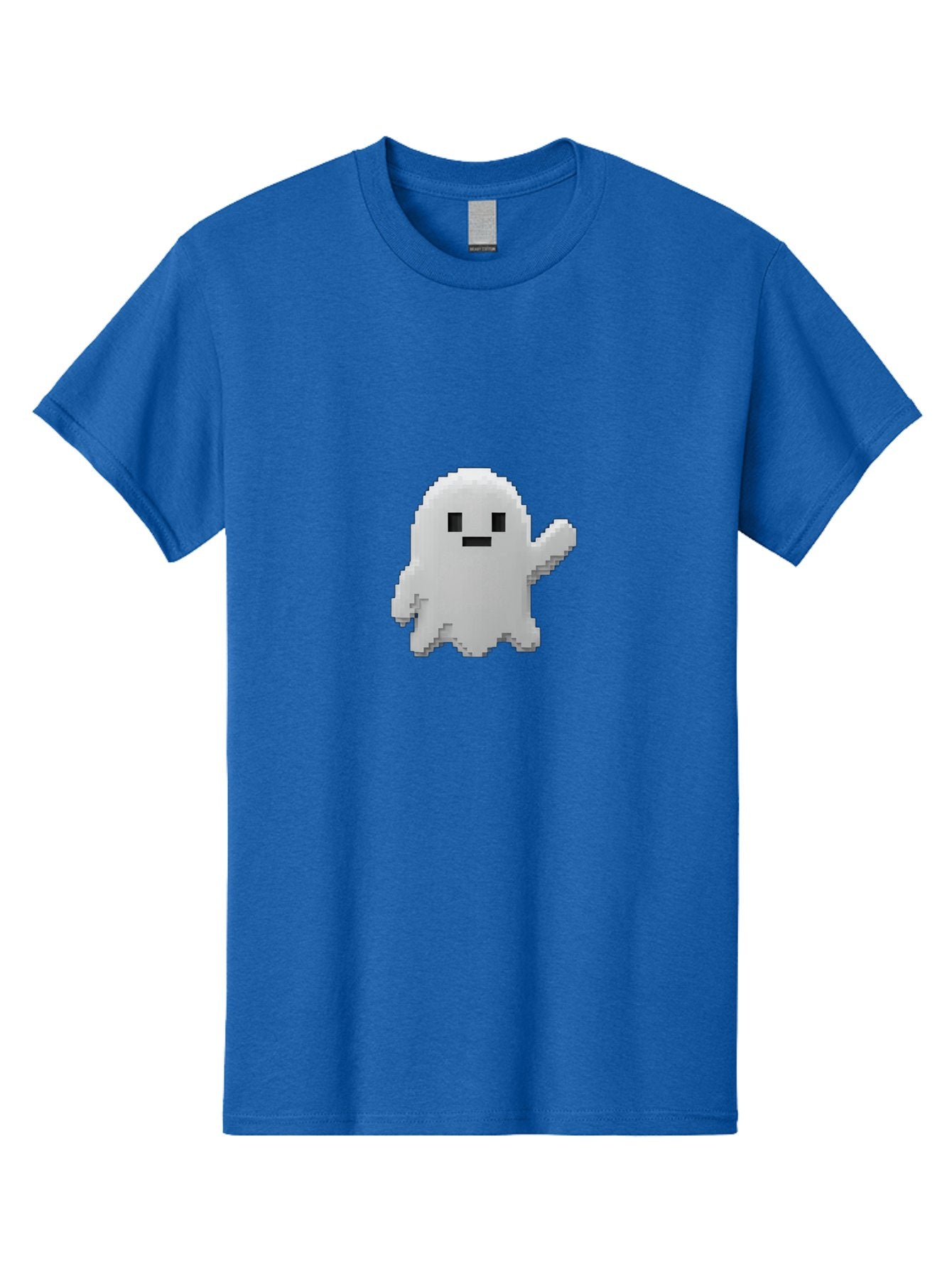 White-Ghost Men'S Graphic Tee, 100% Cotton, Comfortable Casual Summer Wear, Machine Washable, White Ghost Pixel Art, Friendly Ghost, Cute Character, Cartoon Style, Retro Video Game, Pixelated Graphics, Adorable Creature, Waving Ghost Bad914 15