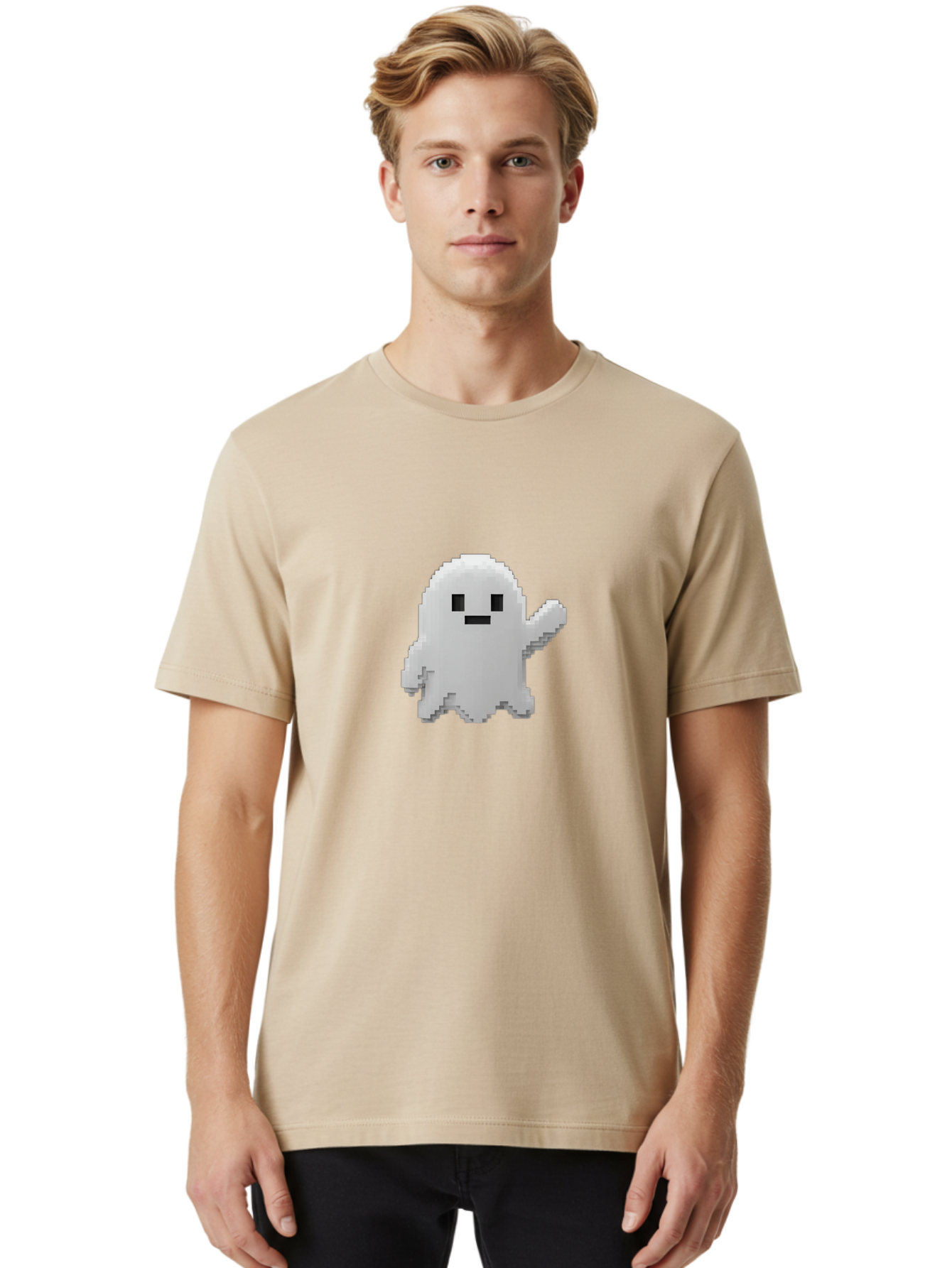 White-Ghost Men'S Graphic Tee, 100% Cotton, Comfortable Casual Summer Wear, Machine Washable, White Ghost Pixel Art, Friendly Ghost, Cute Character, Cartoon Style, Retro Video Game, Pixelated Graphics, Adorable Creature, Waving Ghost Bad914 29
