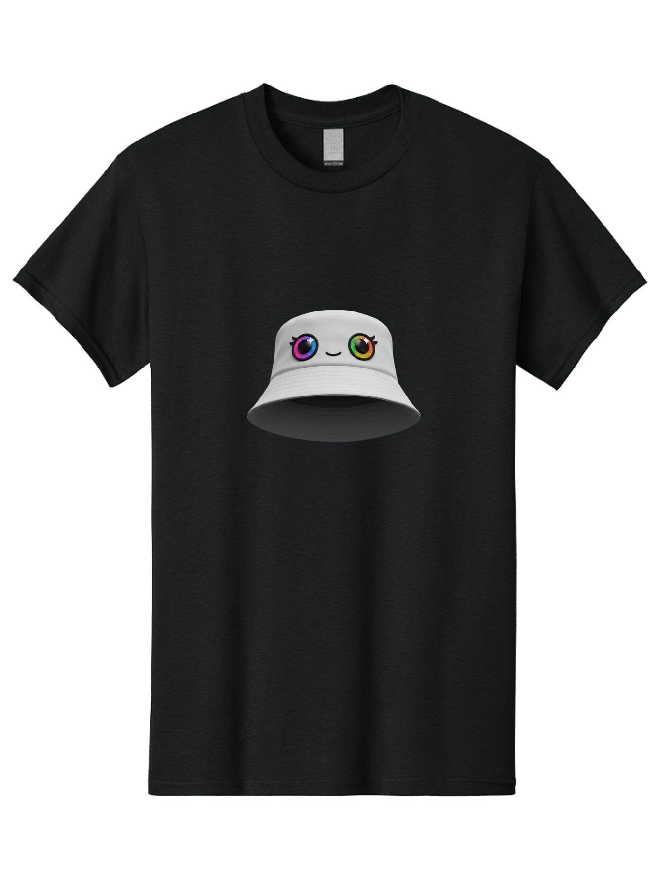 White-Hat-With-Eyes Men'S Graphic Tee, 100% Cotton, Comfortable Casual Summer Wear, Machine Washable, Bucket Hat, Cartoon Eyes, Rainbow Colors, Kawaii Fashion, Colorful Accessories, Streetwear, Hat Design, Smiley Face Bad915