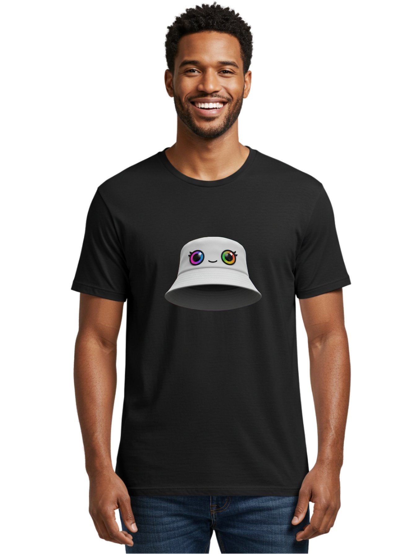 White-Hat-With-Eyes Men'S Graphic Tee, 100% Cotton, Comfortable Casual Summer Wear, Machine Washable, Bucket Hat, Cartoon Eyes, Rainbow Colors, Kawaii Fashion, Colorful Accessories, Streetwear, Hat Design, Smiley Face Bad915 19