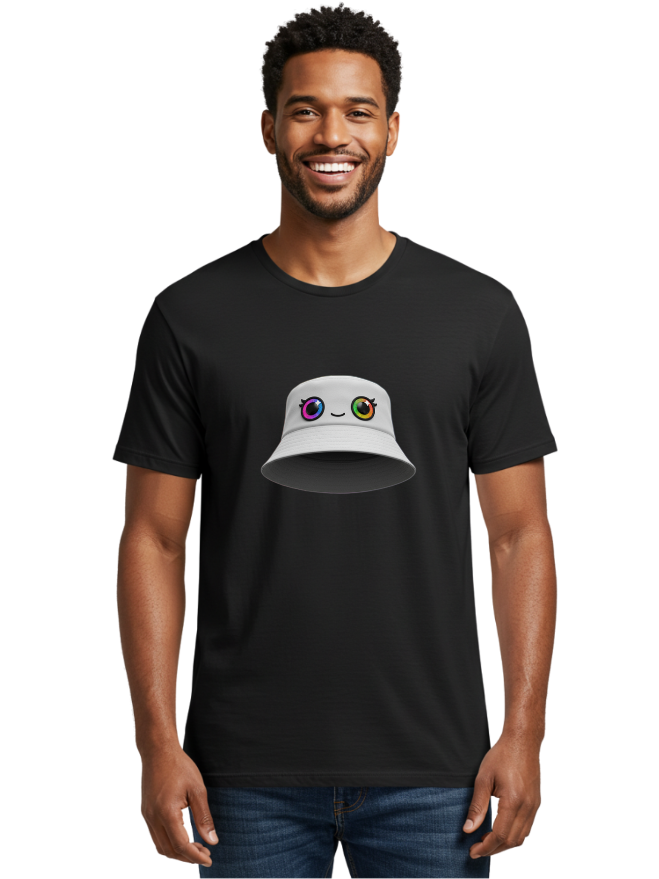 White-Hat-With-Eyes Men'S Graphic Tee, 100% Cotton, Comfortable Casual Summer Wear, Machine Washable, Bucket Hat, Cartoon Eyes, Rainbow Colors, Kawaii Fashion, Colorful Accessories, Streetwear, Hat Design, Smiley Face Bad915 26
