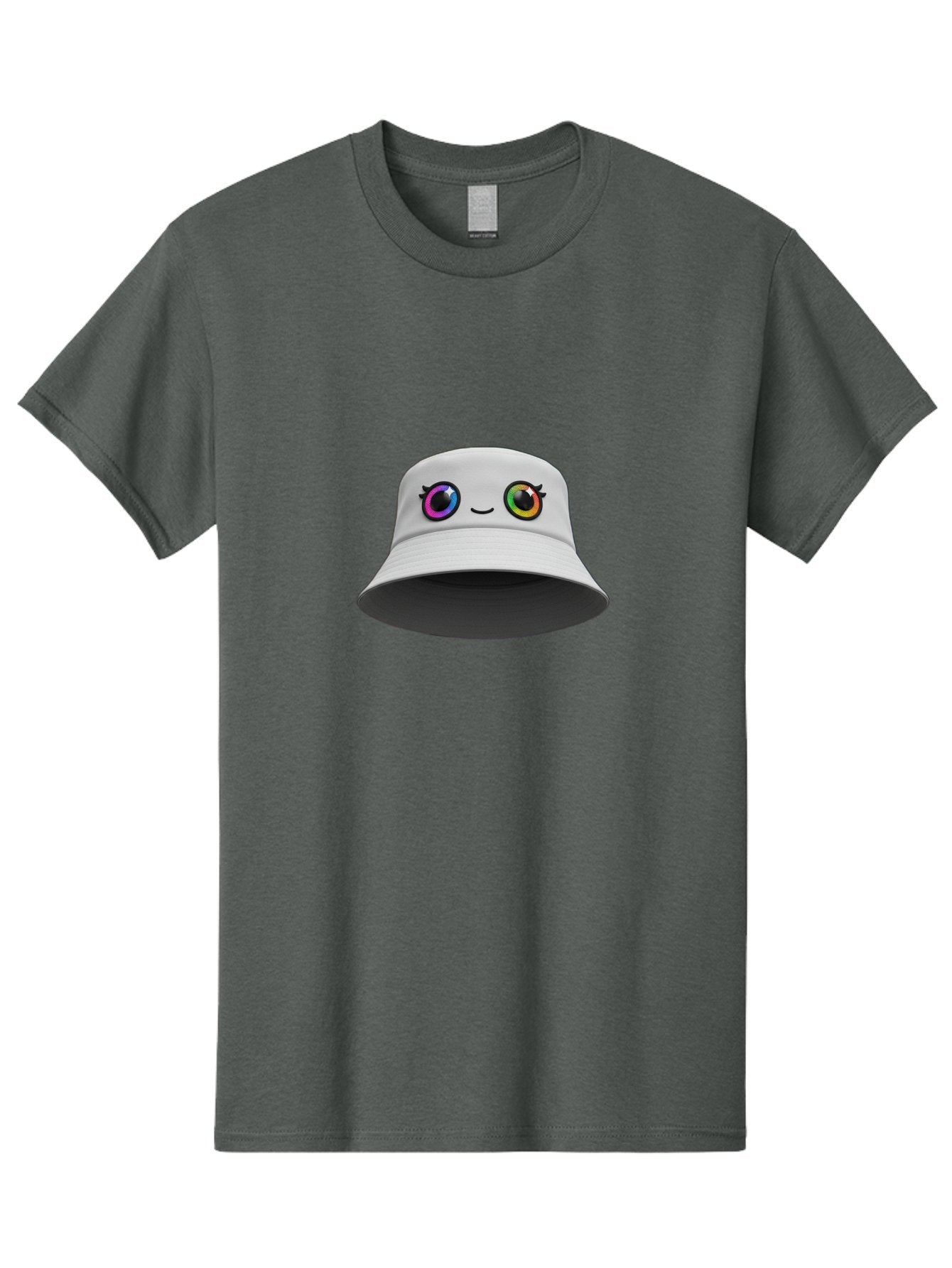 White-Hat-With-Eyes Men'S Graphic Tee, 100% Cotton, Comfortable Casual Summer Wear, Machine Washable, Bucket Hat, Cartoon Eyes, Rainbow Colors, Kawaii Fashion, Colorful Accessories, Streetwear, Hat Design, Smiley Face Bad915 15
