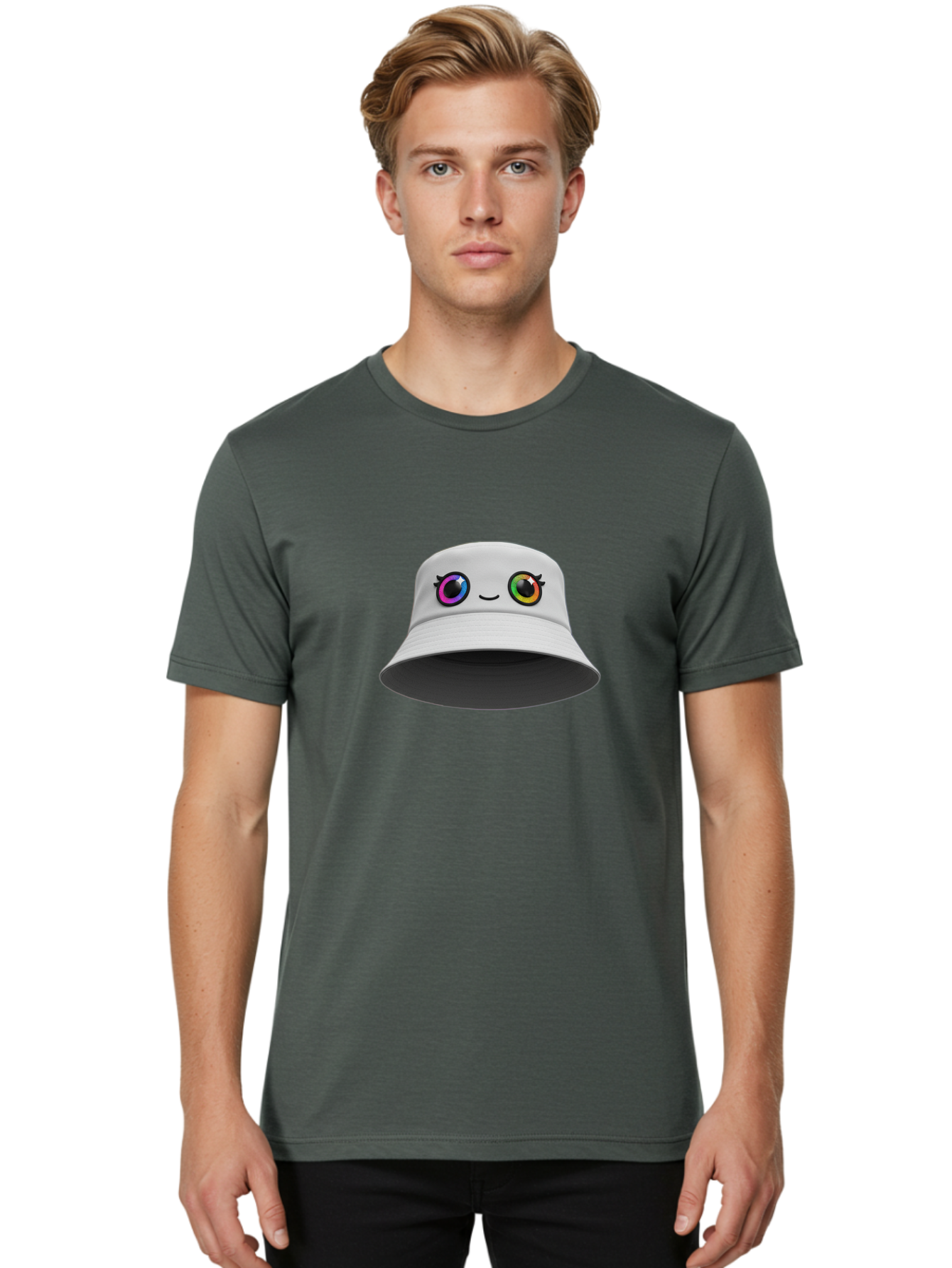 White-Hat-With-Eyes Men'S Graphic Tee, 100% Cotton, Comfortable Casual Summer Wear, Machine Washable, Bucket Hat, Cartoon Eyes, Rainbow Colors, Kawaii Fashion, Colorful Accessories, Streetwear, Hat Design, Smiley Face Bad915 16