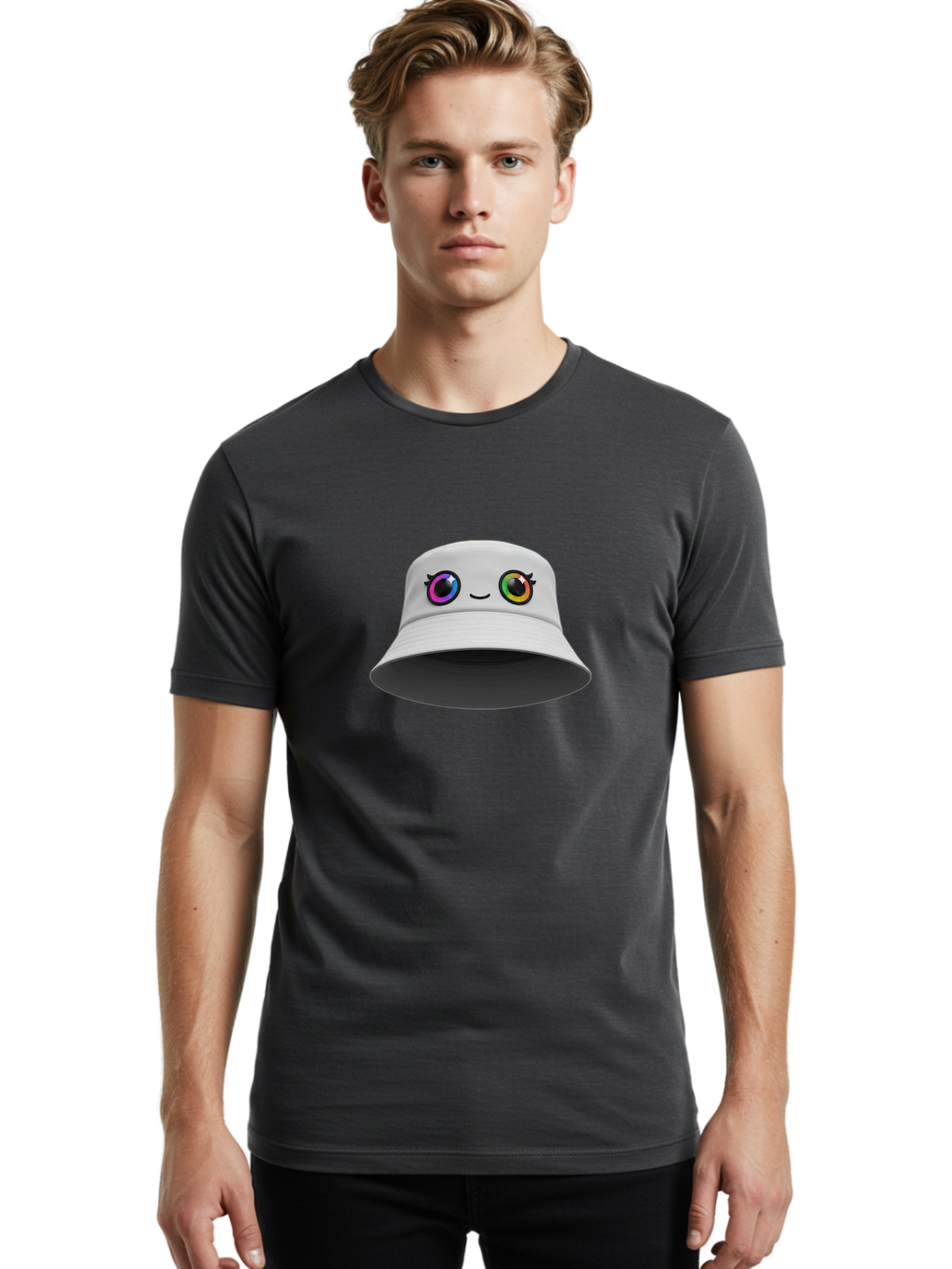 White-Hat-With-Eyes Men'S Graphic Tee, 100% Cotton, Comfortable Casual Summer Wear, Machine Washable, Bucket Hat, Cartoon Eyes, Rainbow Colors, Kawaii Fashion, Colorful Accessories, Streetwear, Hat Design, Smiley Face Bad915 17