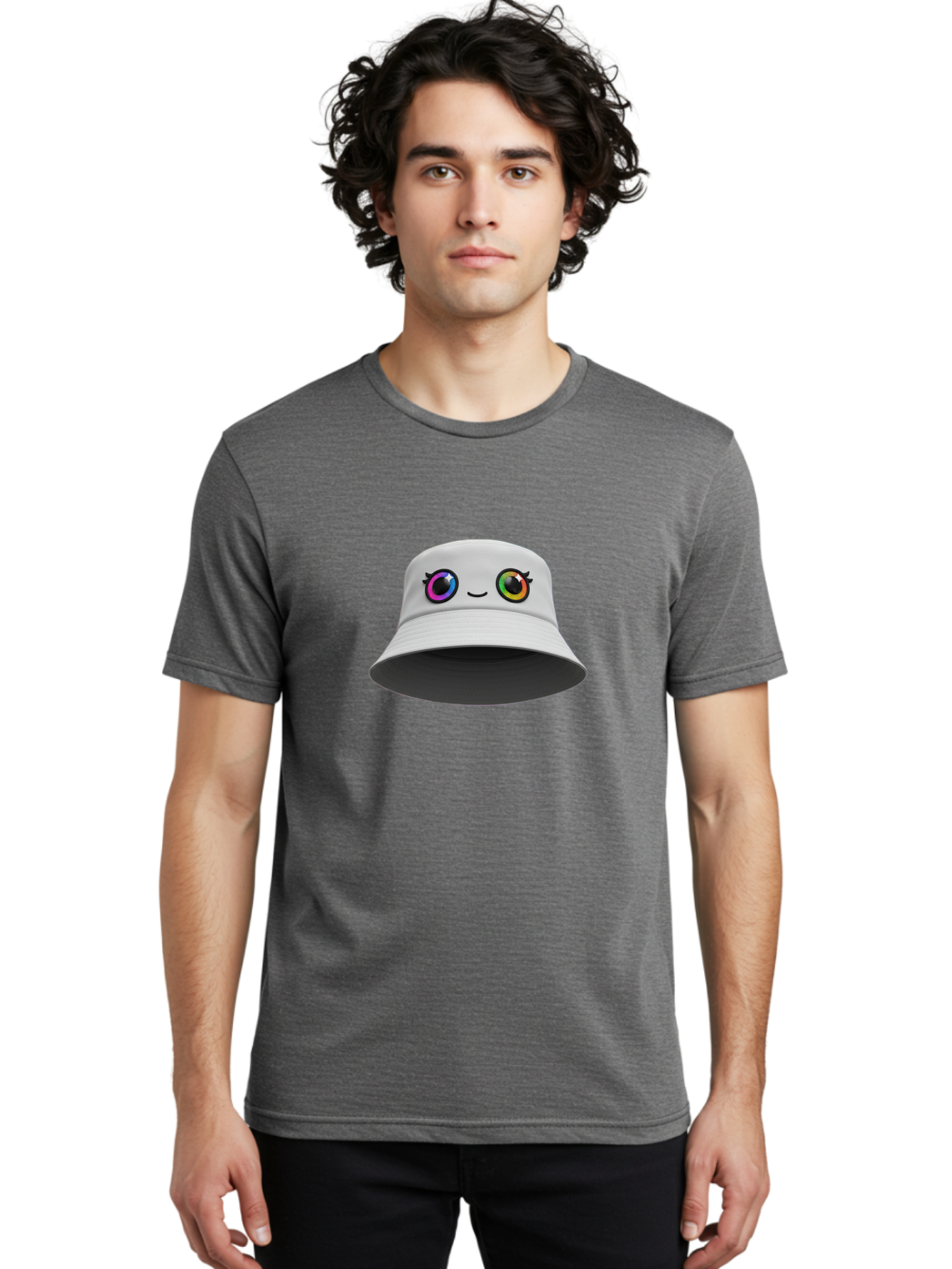 White-Hat-With-Eyes Men'S Graphic Tee, 100% Cotton, Comfortable Casual Summer Wear, Machine Washable, Bucket Hat, Cartoon Eyes, Rainbow Colors, Kawaii Fashion, Colorful Accessories, Streetwear, Hat Design, Smiley Face Bad915 27