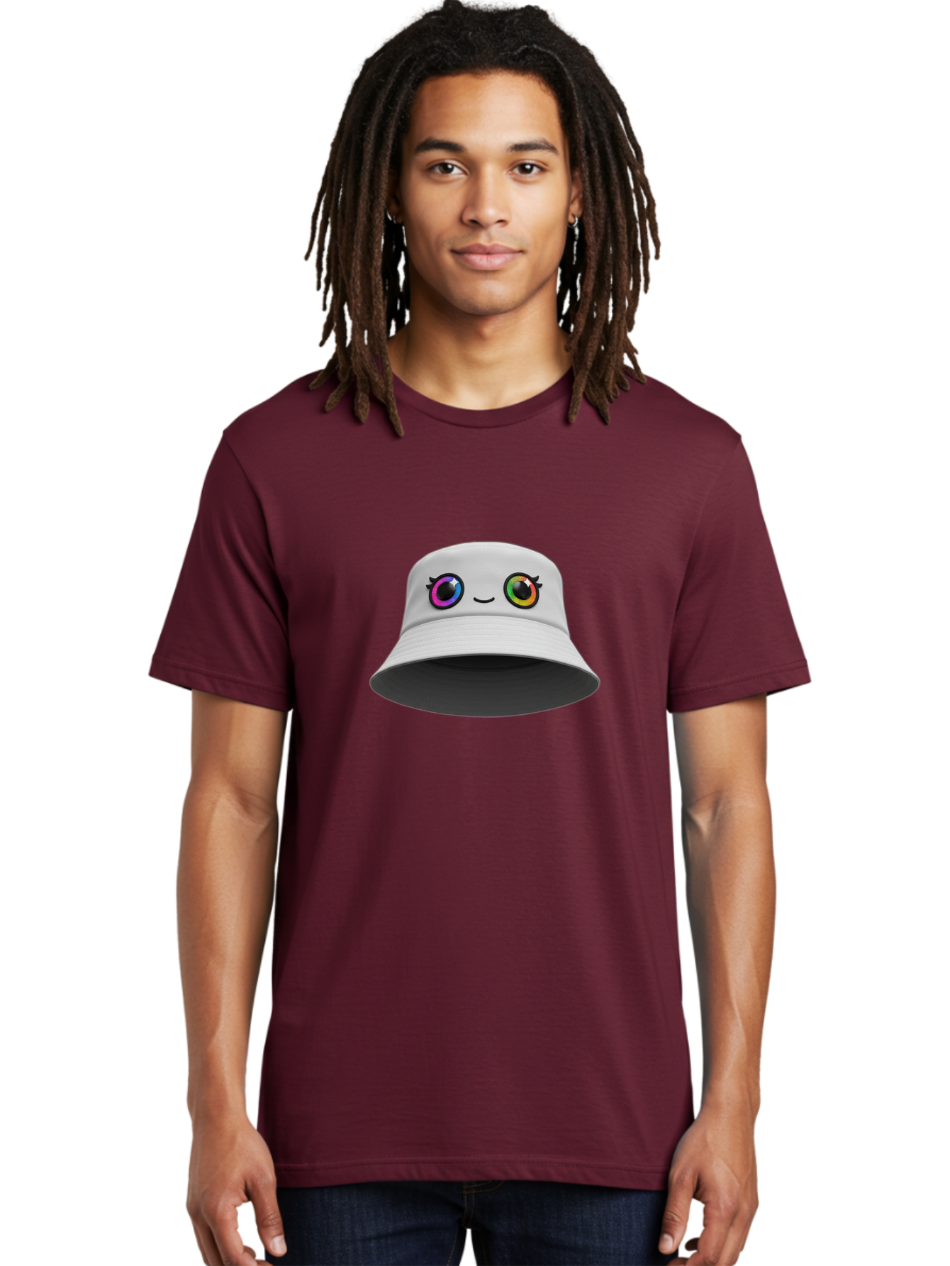 White-Hat-With-Eyes Men'S Graphic Tee, 100% Cotton, Comfortable Casual Summer Wear, Machine Washable, Bucket Hat, Cartoon Eyes, Rainbow Colors, Kawaii Fashion, Colorful Accessories, Streetwear, Hat Design, Smiley Face Bad915 24
