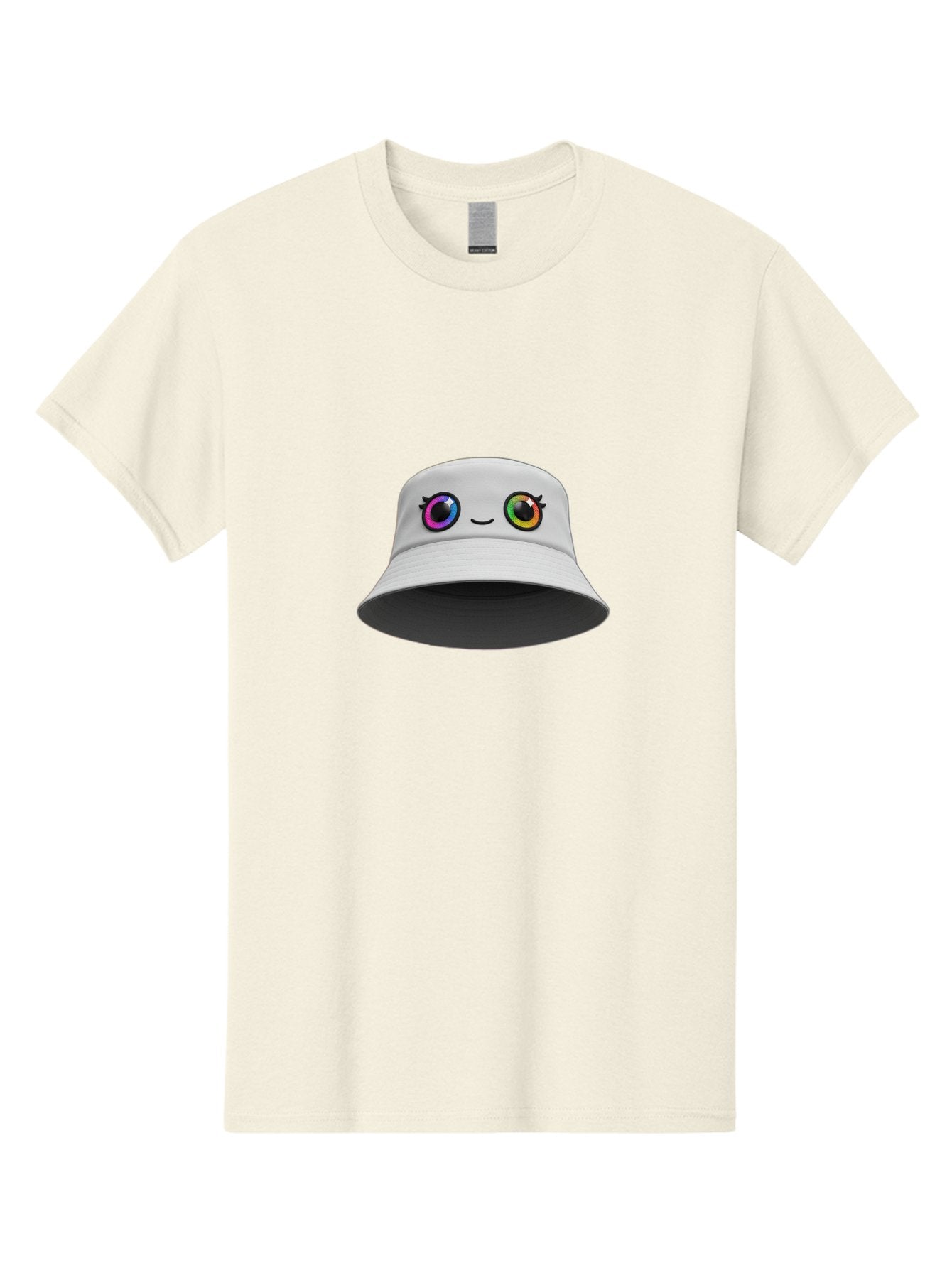 White-Hat-With-Eyes Men'S Graphic Tee, 100% Cotton, Comfortable Casual Summer Wear, Machine Washable, Bucket Hat, Cartoon Eyes, Rainbow Colors, Kawaii Fashion, Colorful Accessories, Streetwear, Hat Design, Smiley Face Bad915 12