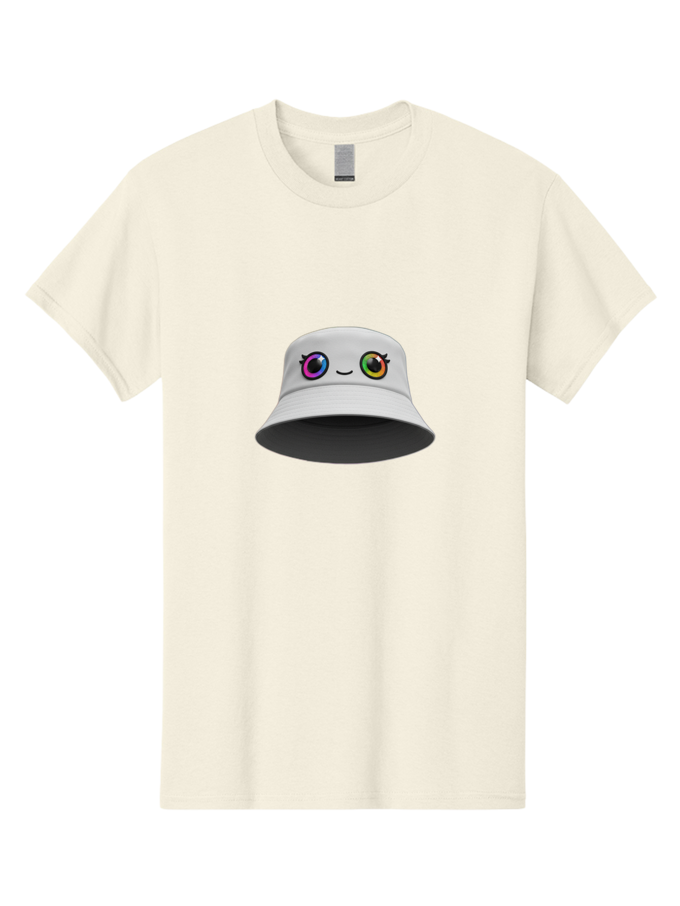 White-Hat-With-Eyes Men'S Graphic Tee, 100% Cotton, Comfortable Casual Summer Wear, Machine Washable, Bucket Hat, Cartoon Eyes, Rainbow Colors, Kawaii Fashion, Colorful Accessories, Streetwear, Hat Design, Smiley Face Bad915 3