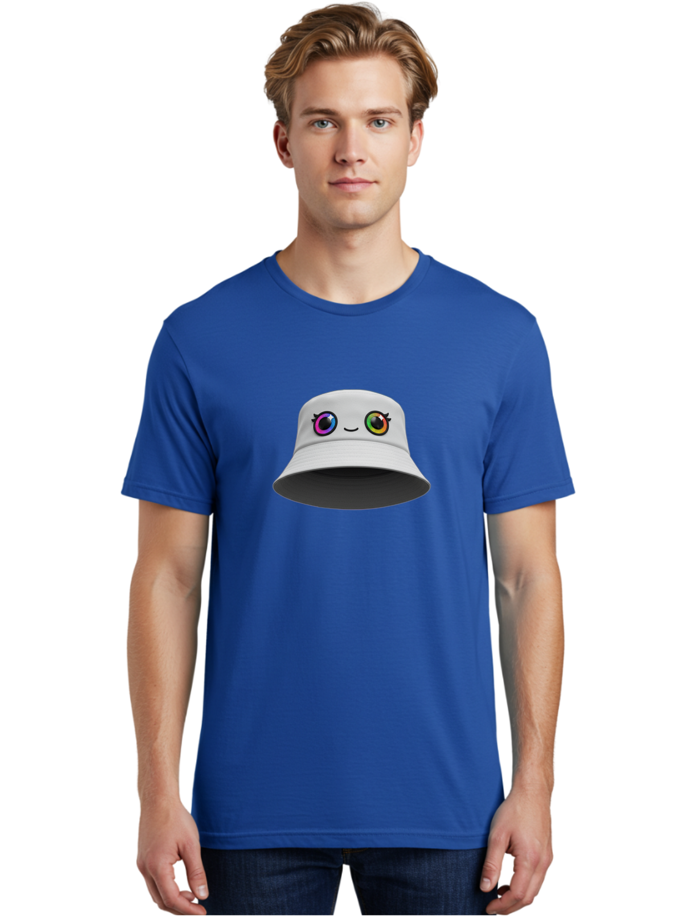 White-Hat-With-Eyes Men'S Graphic Tee, 100% Cotton, Comfortable Casual Summer Wear, Machine Washable, Bucket Hat, Cartoon Eyes, Rainbow Colors, Kawaii Fashion, Colorful Accessories, Streetwear, Hat Design, Smiley Face Bad915 25