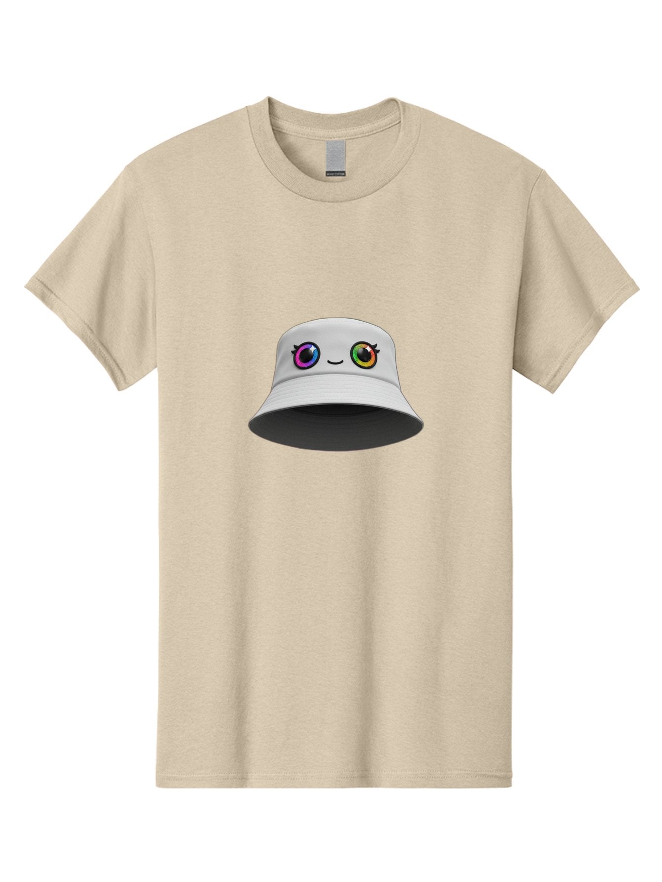 White-Hat-With-Eyes Men'S Graphic Tee, 100% Cotton, Comfortable Casual Summer Wear, Machine Washable, Bucket Hat, Cartoon Eyes, Rainbow Colors, Kawaii Fashion, Colorful Accessories, Streetwear, Hat Design, Smiley Face Bad915 5