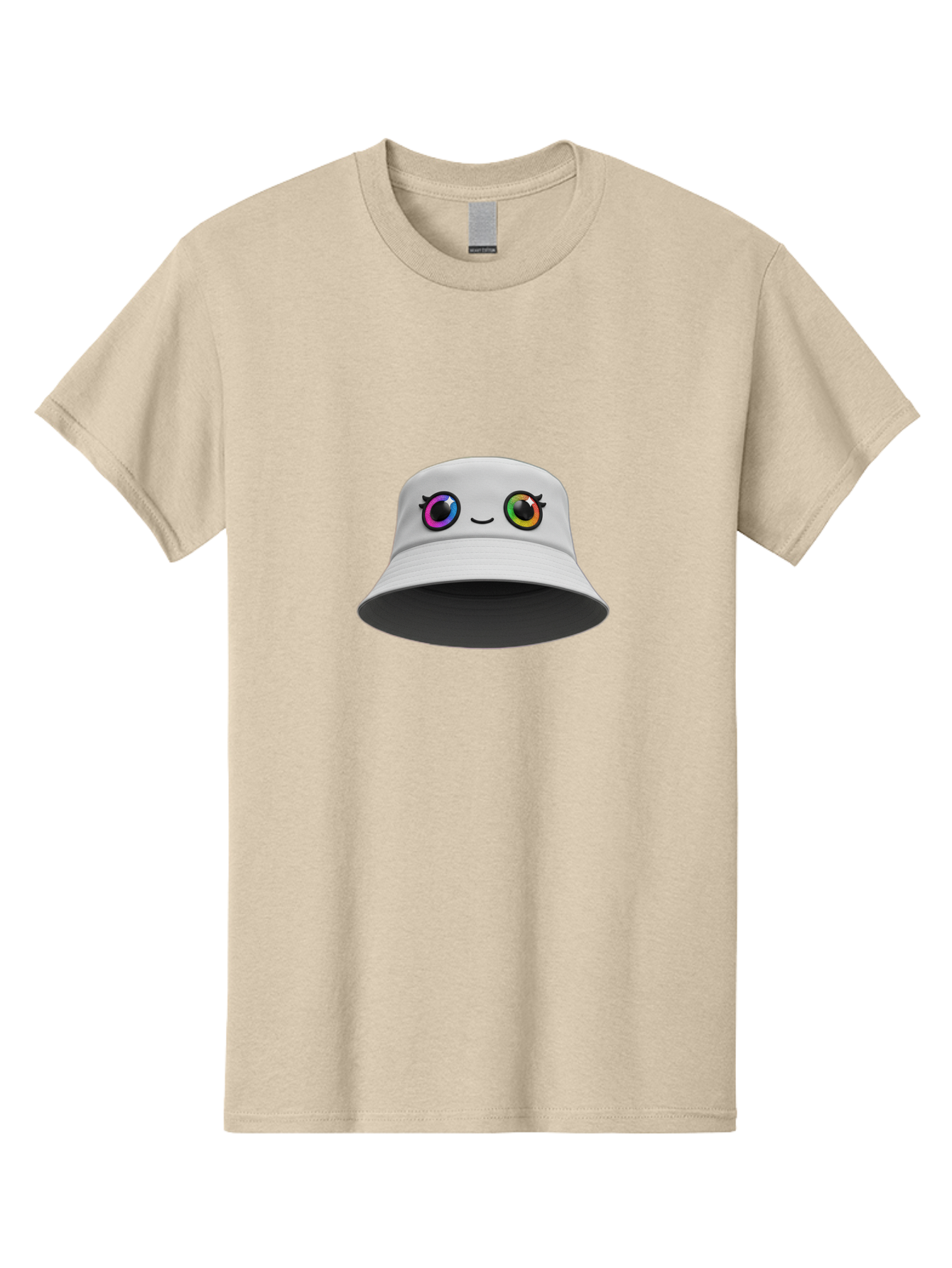 White-Hat-With-Eyes Men'S Graphic Tee, 100% Cotton, Comfortable Casual Summer Wear, Machine Washable, Bucket Hat, Cartoon Eyes, Rainbow Colors, Kawaii Fashion, Colorful Accessories, Streetwear, Hat Design, Smiley Face Bad915 8