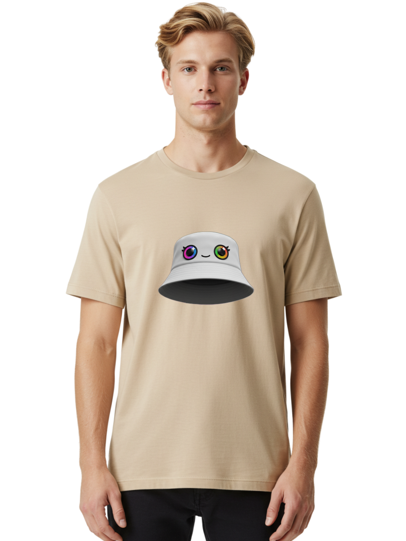 White-Hat-With-Eyes Men'S Graphic Tee, 100% Cotton, Comfortable Casual Summer Wear, Machine Washable, Bucket Hat, Cartoon Eyes, Rainbow Colors, Kawaii Fashion, Colorful Accessories, Streetwear, Hat Design, Smiley Face Bad915 23