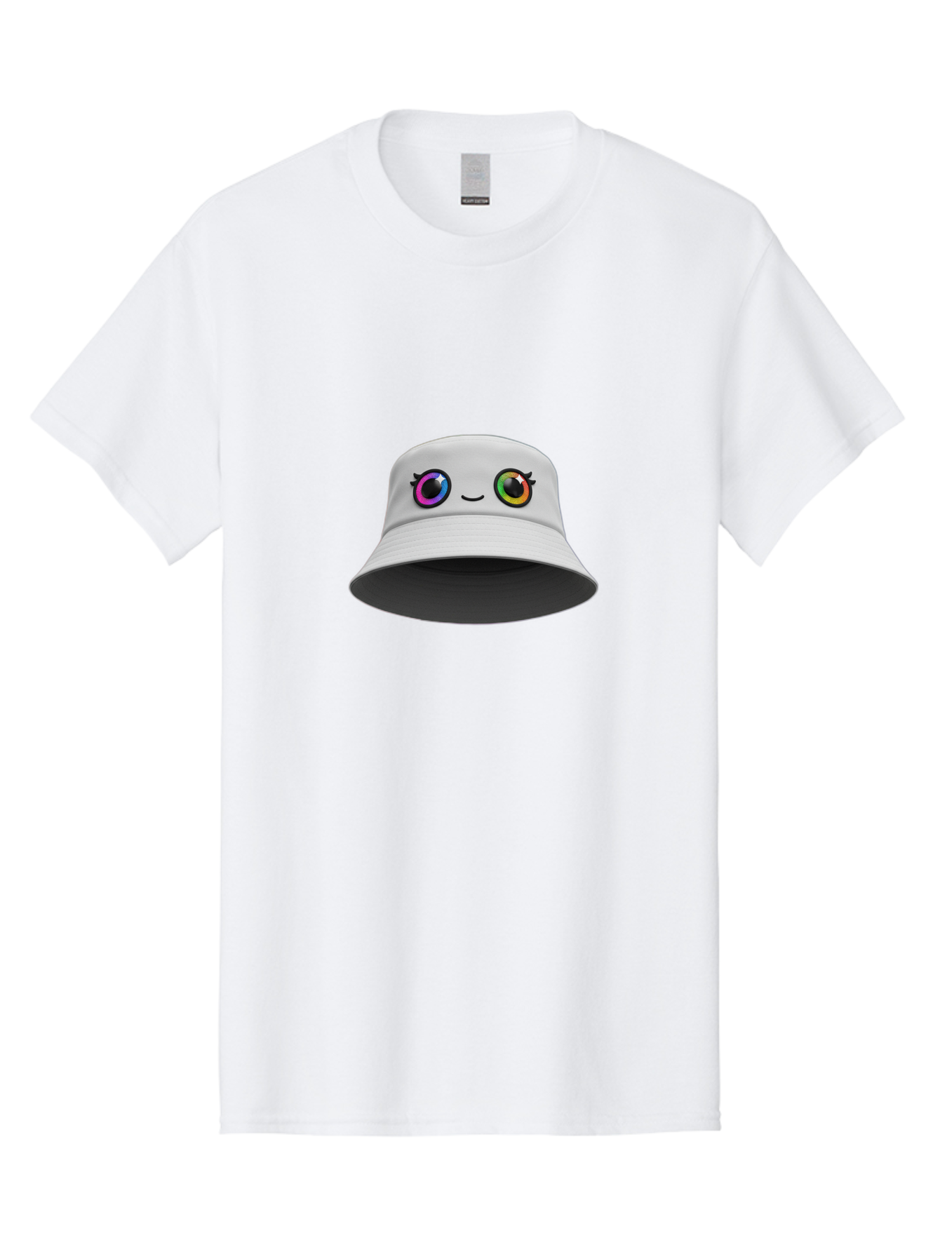 White-Hat-With-Eyes Men'S Graphic Tee, 100% Cotton, Comfortable Casual Summer Wear, Machine Washable, Bucket Hat, Cartoon Eyes, Rainbow Colors, Kawaii Fashion, Colorful Accessories, Streetwear, Hat Design, Smiley Face Bad915 6