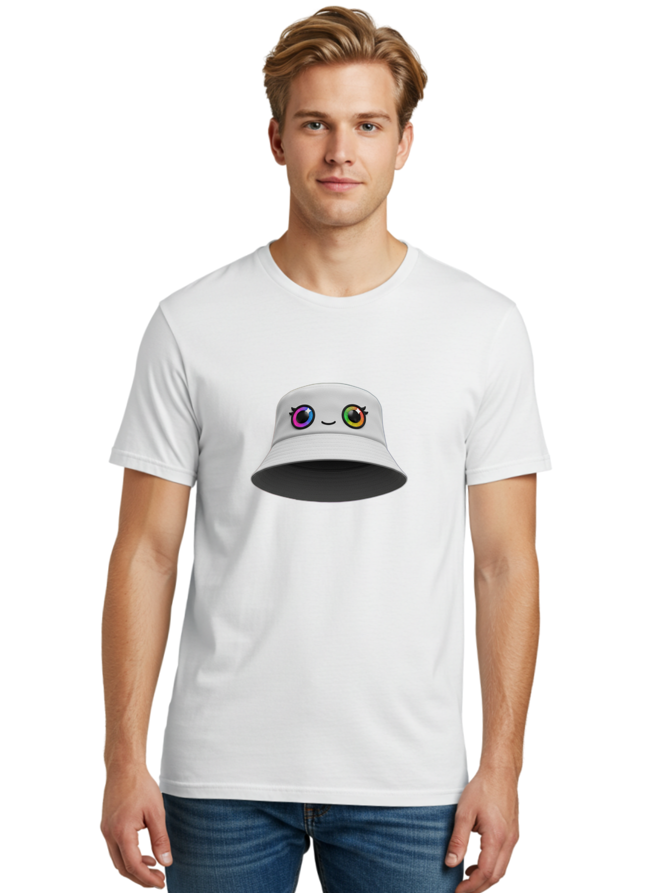 White-Hat-With-Eyes Men'S Graphic Tee, 100% Cotton, Comfortable Casual Summer Wear, Machine Washable, Bucket Hat, Cartoon Eyes, Rainbow Colors, Kawaii Fashion, Colorful Accessories, Streetwear, Hat Design, Smiley Face Bad915 21